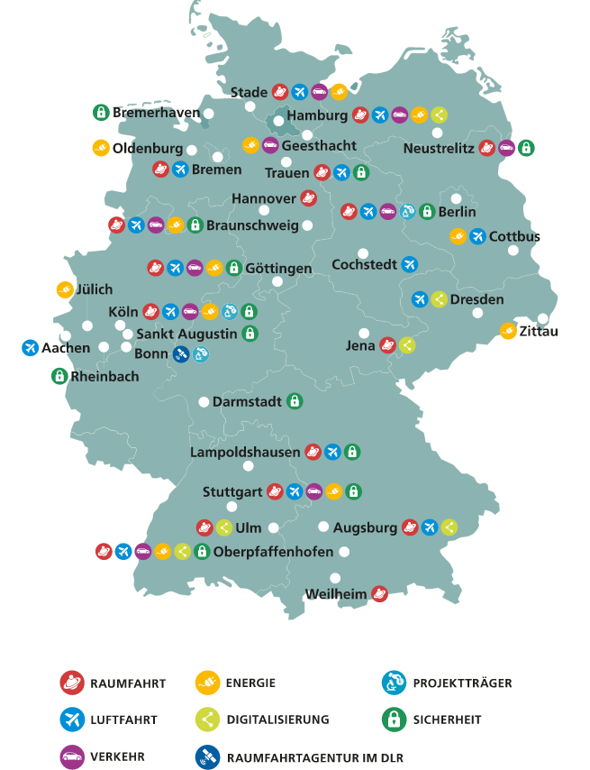 Deutschlandkarte in einem mintgrünen Ton, auf der Karte sind alle DLR-Standorte angepinnt. Die Pins haben verschiedene Farbe, je nach Forschungsschwerpunkt.