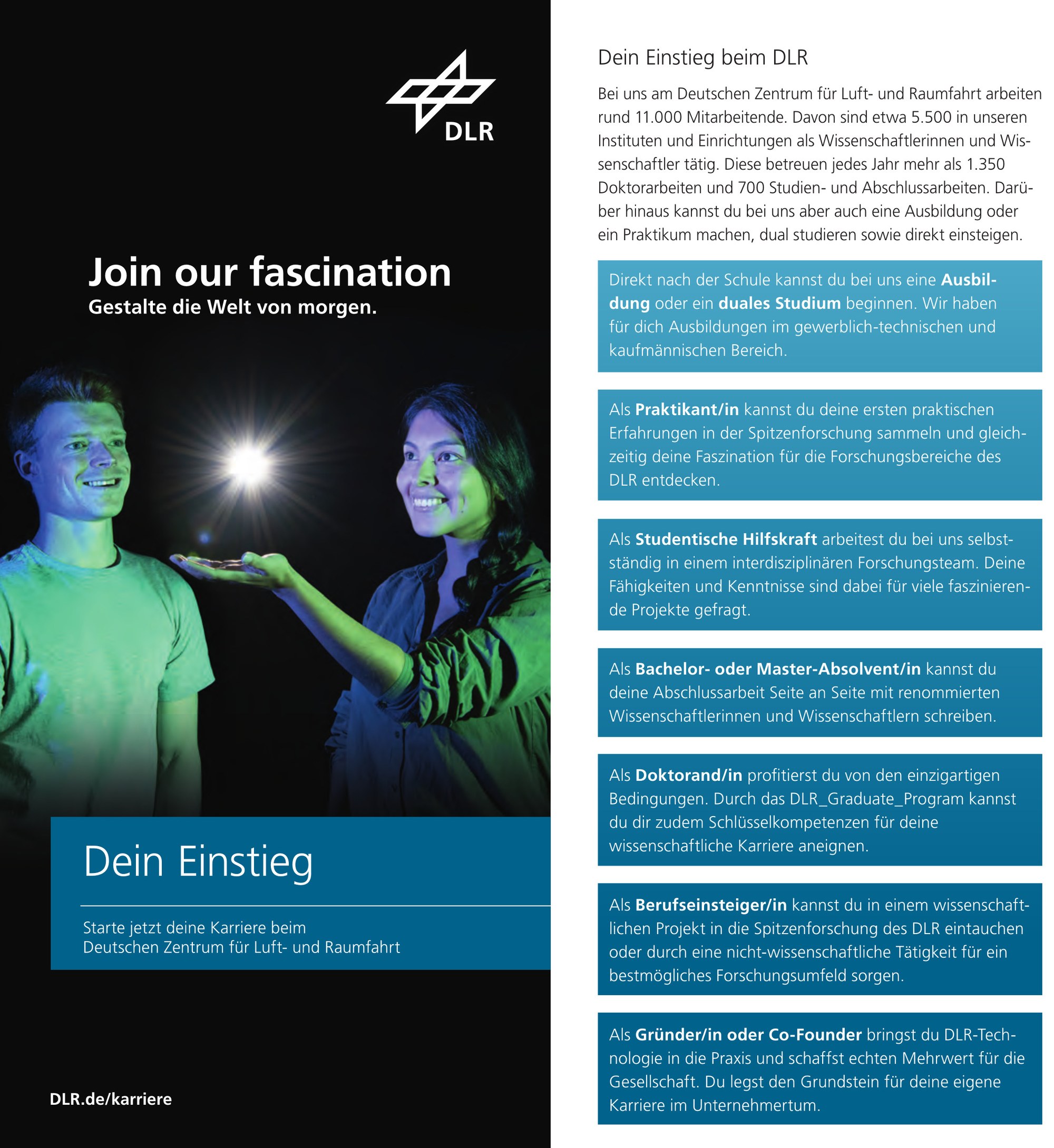 Flyer: Dein Einstieg beim DLR - Join our fascination. Zwei Mitarbeitende des DLR links und rechts eine Übersicht über die Einstiegsmöglichkeiten