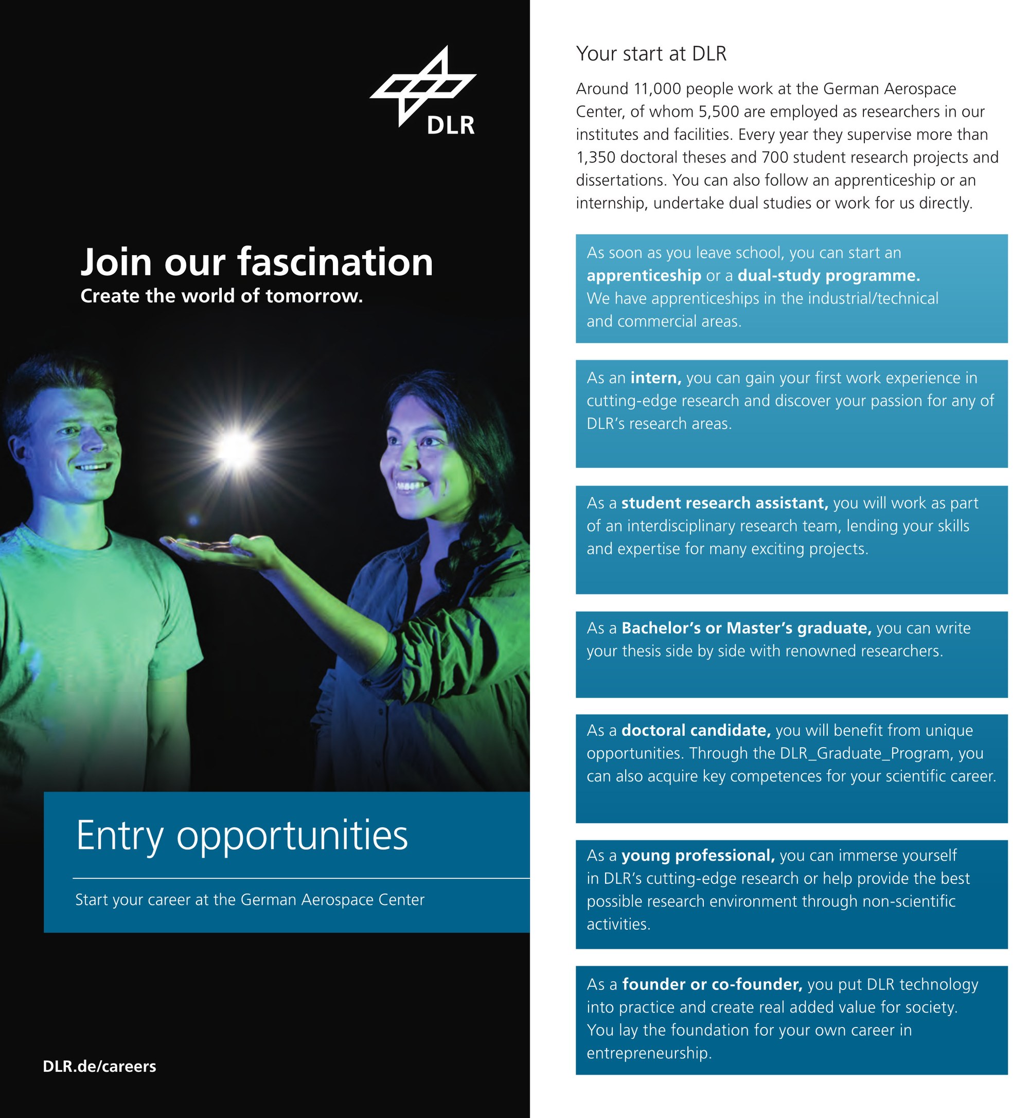 Folder: Entry opportunities - Join our fascination. Zwei Mitarbeitende links auf dem Cover und rechts eine Übersicht über die Einstiegsmöglichkeiten beim DLR.