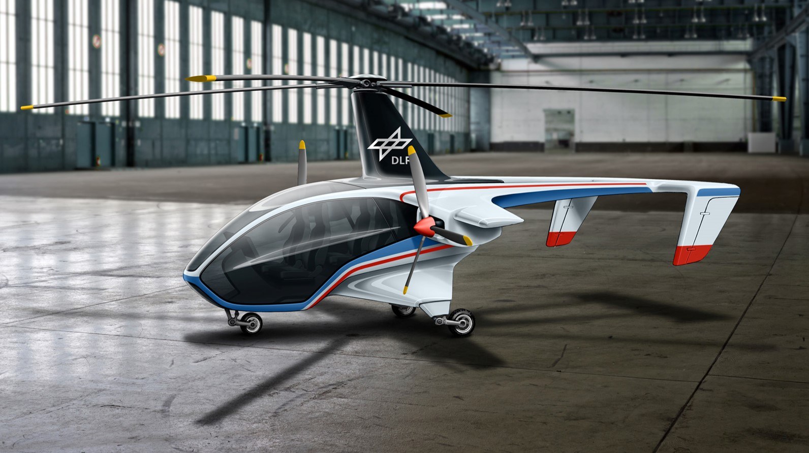 Zukunftsvision S2TOL: Ein elektrisch betriebener Tragschrauber steht in einem Hangar