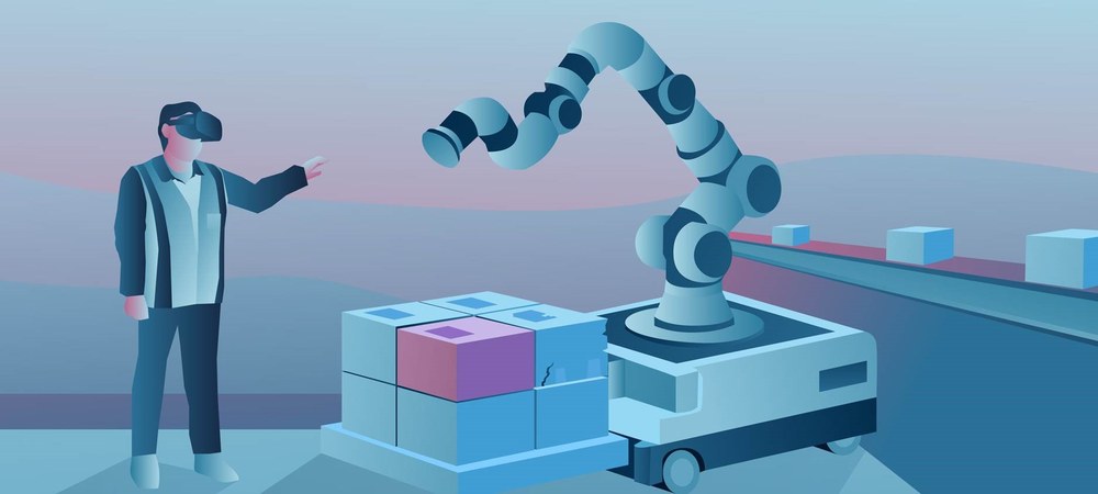 Illustration einer modernen Lagerautomatisierung: Ein Mensch mit VR-Brille steuert per Handgeste einen autonomen Roboterarm, der Pakete auf einem fahrerlosen Transportfahrzeug sortiert. Im Hintergrund ist ein Förderband mit weiteren Paketen zu sehen.
