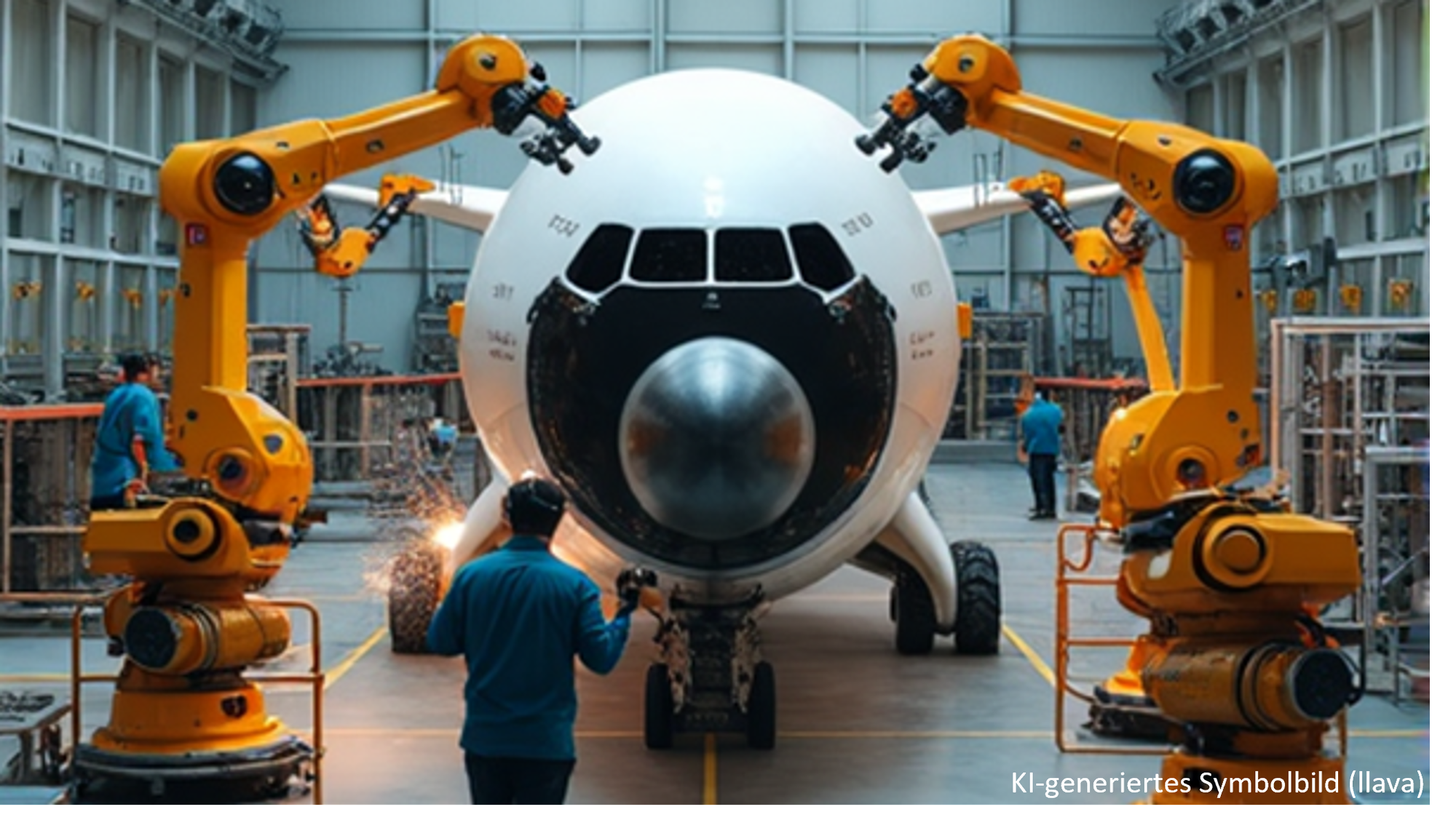 Ein Flugzeug wird in einer modernen Fertigungshalle von Produktionsrobotern zusammengebaut oder gewartet; ein Mensch mit Klemmbrett üerwacht den Vorgang.