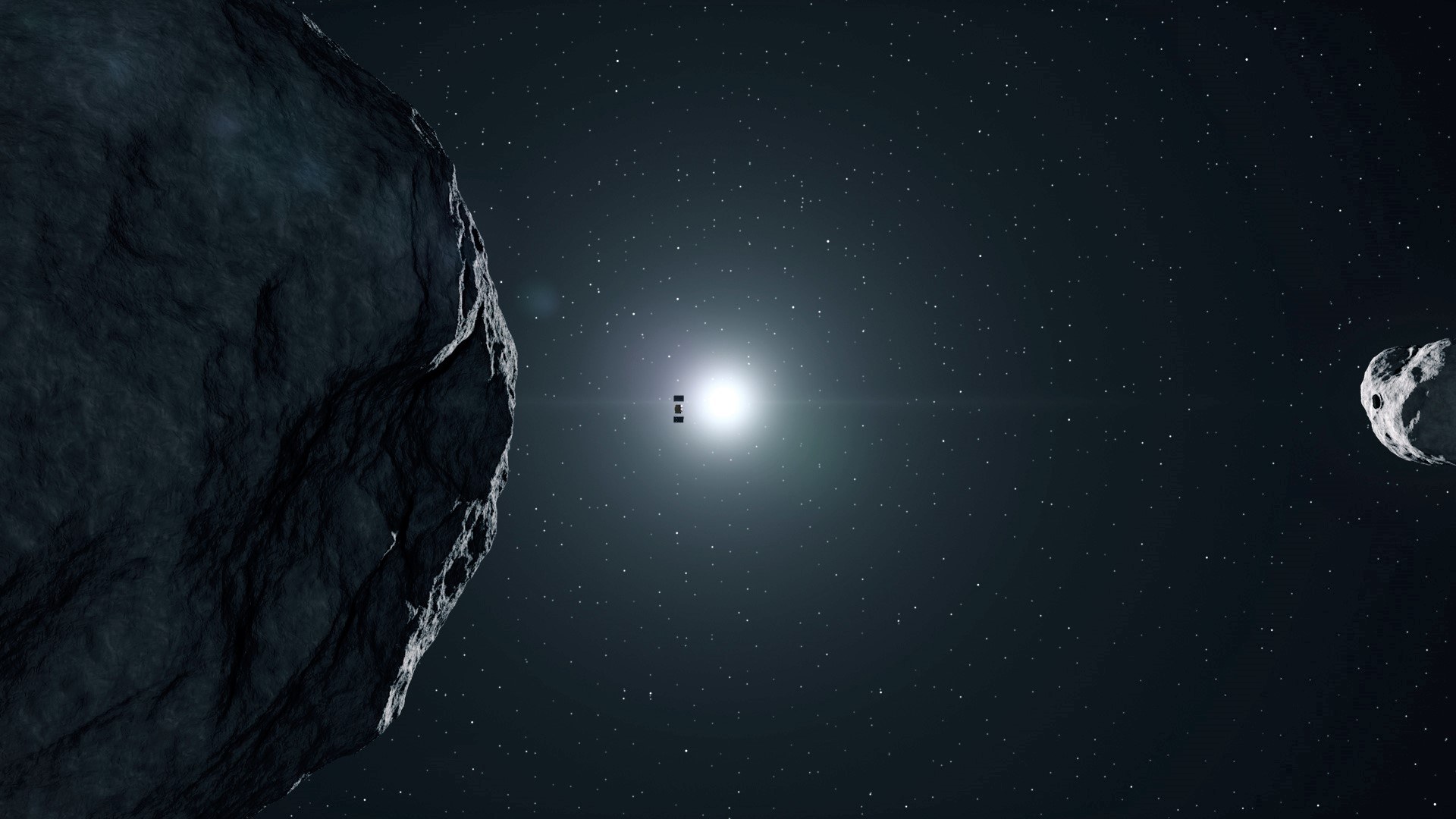Darstellung der Raumsonde Hera zwischen dem etwa 800 Meter großen Didymos und seinem kleineren Begleiter Dimorphos.