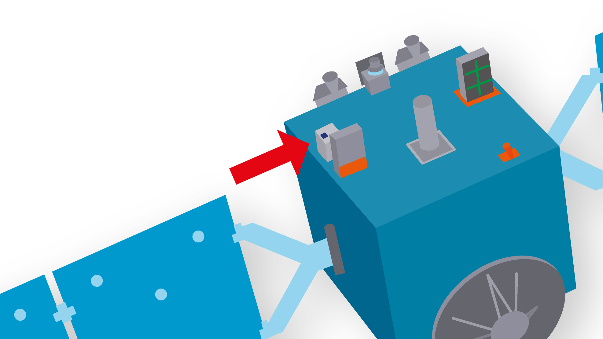 Grafik der Hera-Sonde mit rotem Pfeil, der auf die Komponente HyperScout-H zeigt.