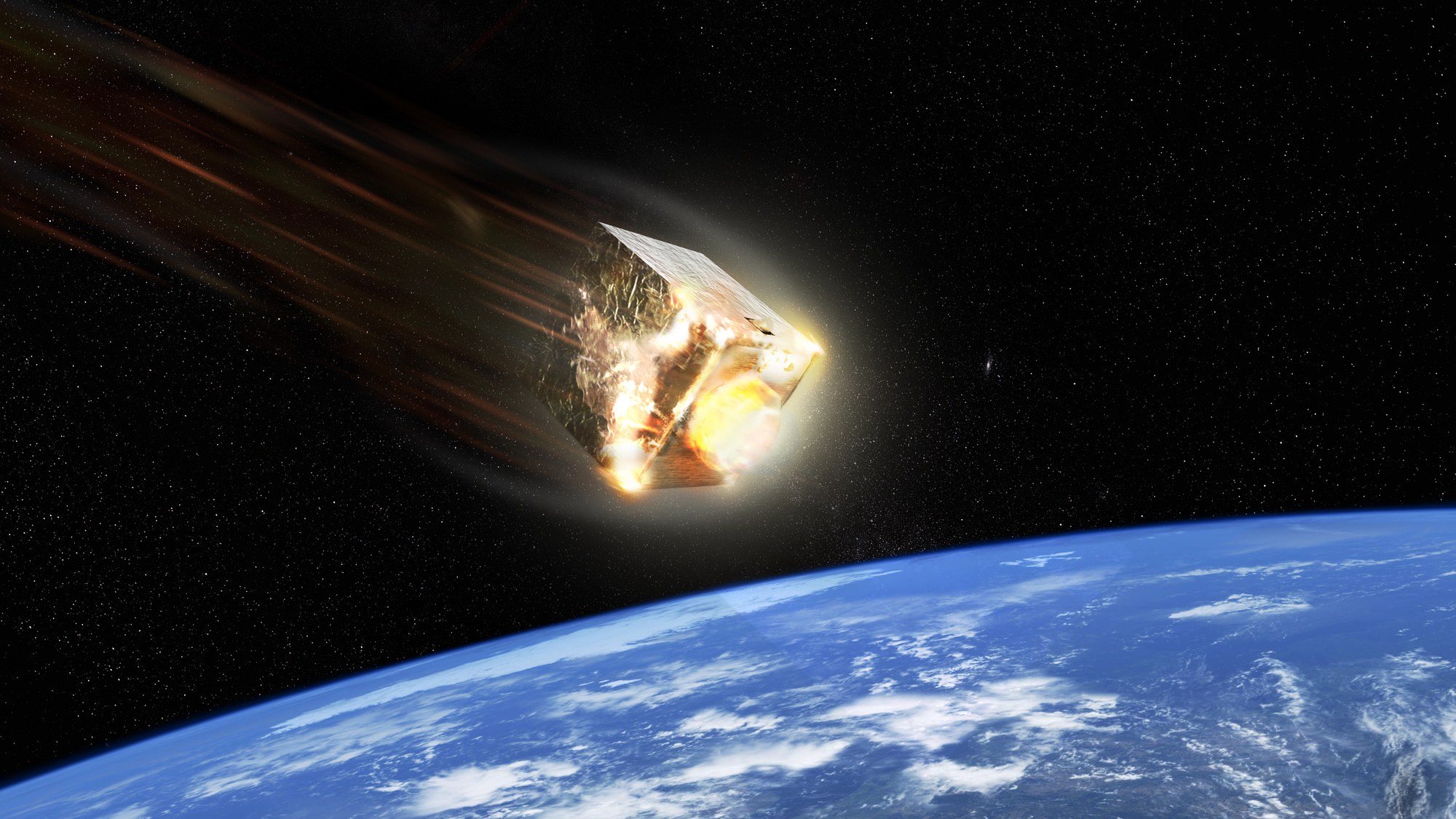 Künstlerische Darstellung eines Satelliten beim Wiedereintritt in die Atmosphäre