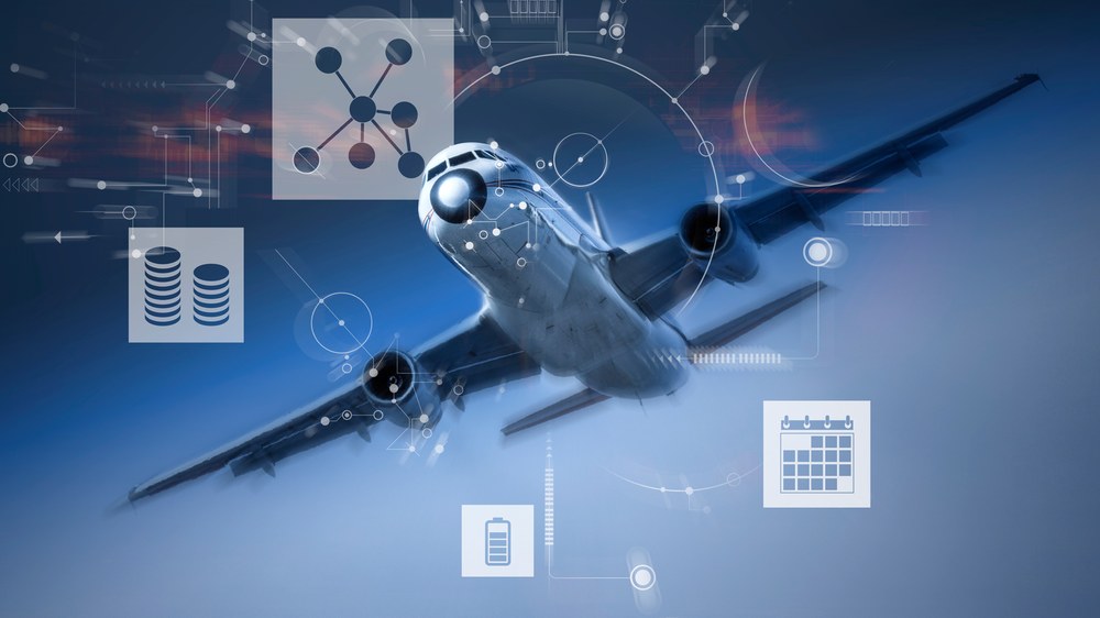 Ein Flugzeug im Flug. Verschiedene Diagramme überlagern das Bild.