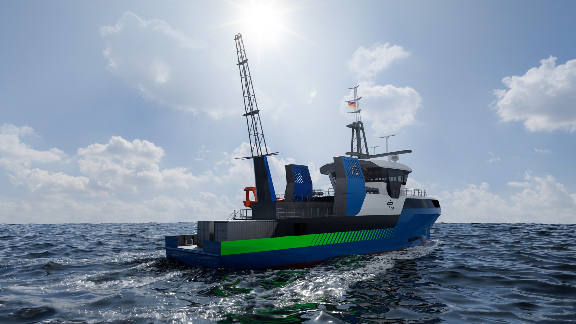 ein 50m langes, technisches Schiff, das auf dem Wasser von links nach rechts in den Horizont fährt