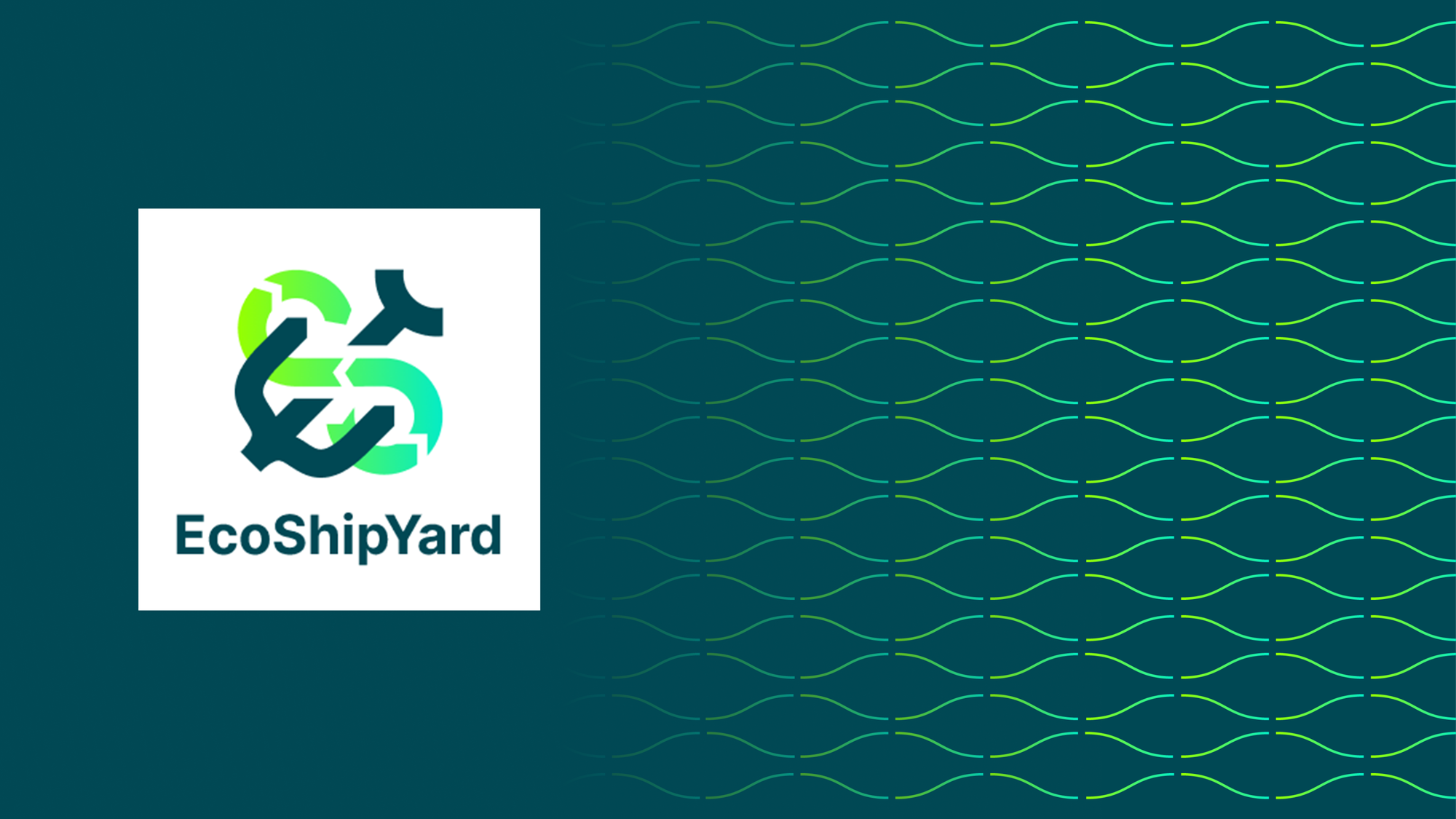 Ein netzähnliches grünes Muster auf dunklem Hintergrund mit dem Logo EcoShipYard auf der linken Seite in weiß. Das Logo ist ein Anker verschlungen mit einer liegenden 8