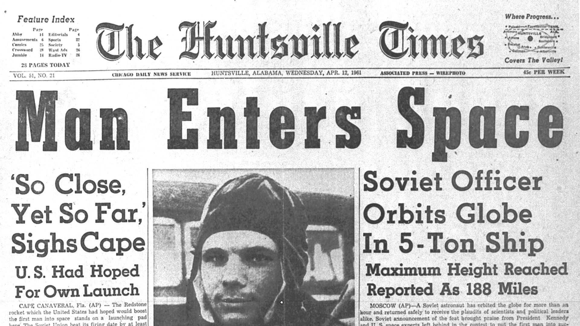 Yuri Gagarin in The Huntsville Times