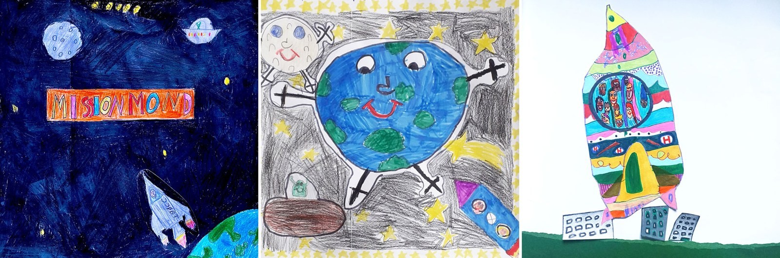 Drei der vielen Kinderbilder, die mit der Forschungsrakete ins All flogen.