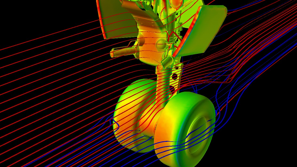 Umströmung des Bug-Fahrwerks eines Transportflugzeugs
