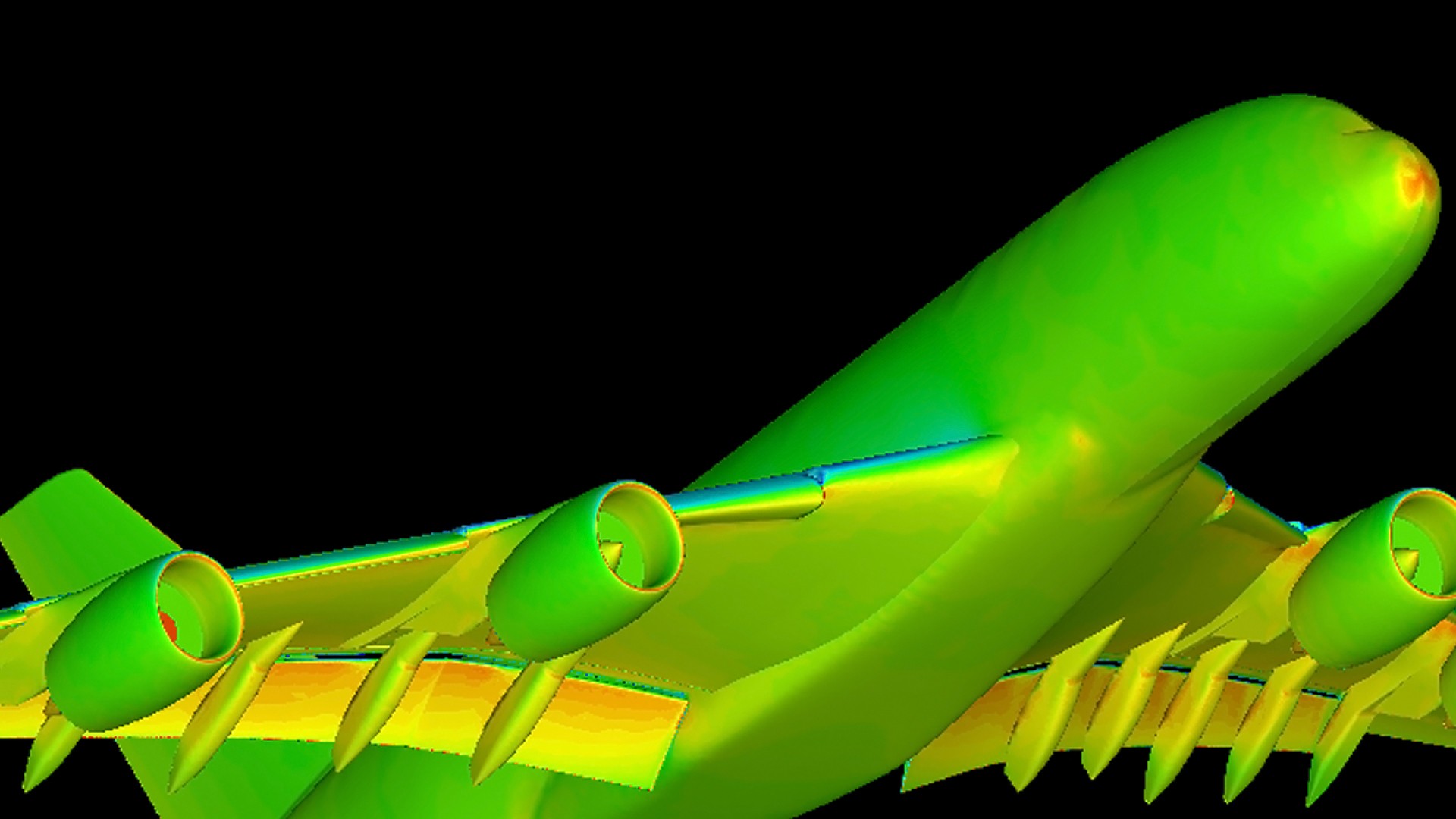 Darstellung der Druckverteilung auf der Oberfläche eines Tansportflugzeugs