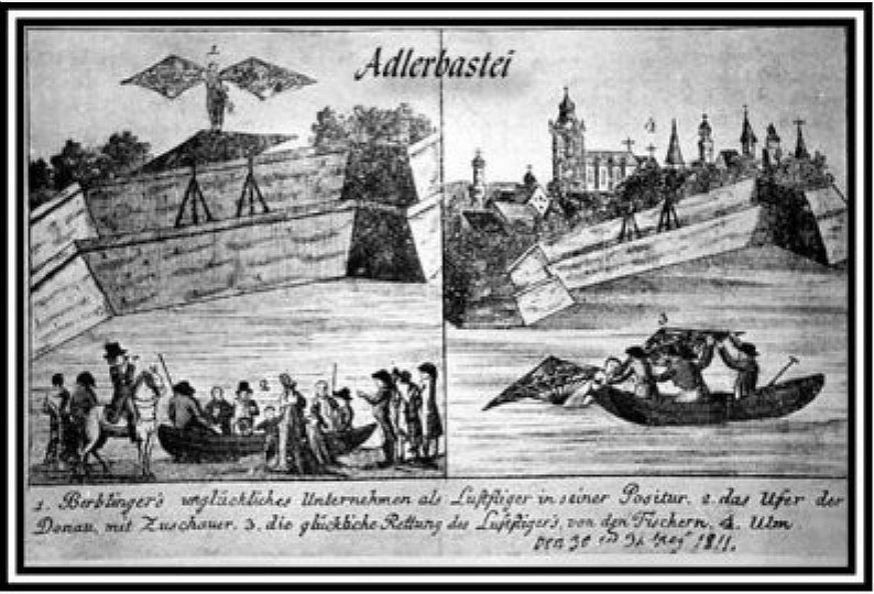 Diese Zeichnungen zeigen, wie der Schneider von Ulm in den Fluss stürzte und gerettet wurde.