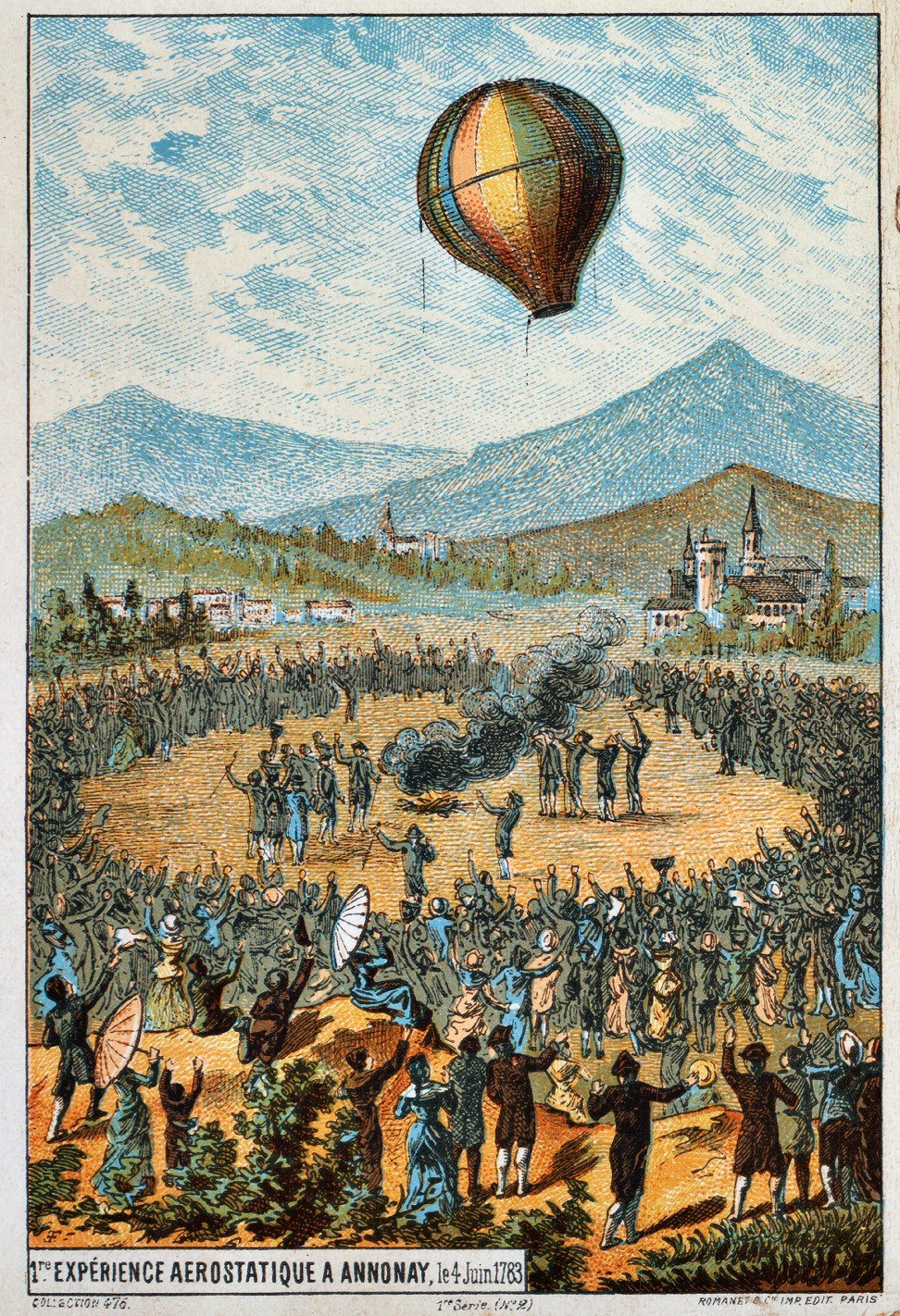 Einer der ersten Ballonflüge in einer zeitgenössischen Zeichnung.