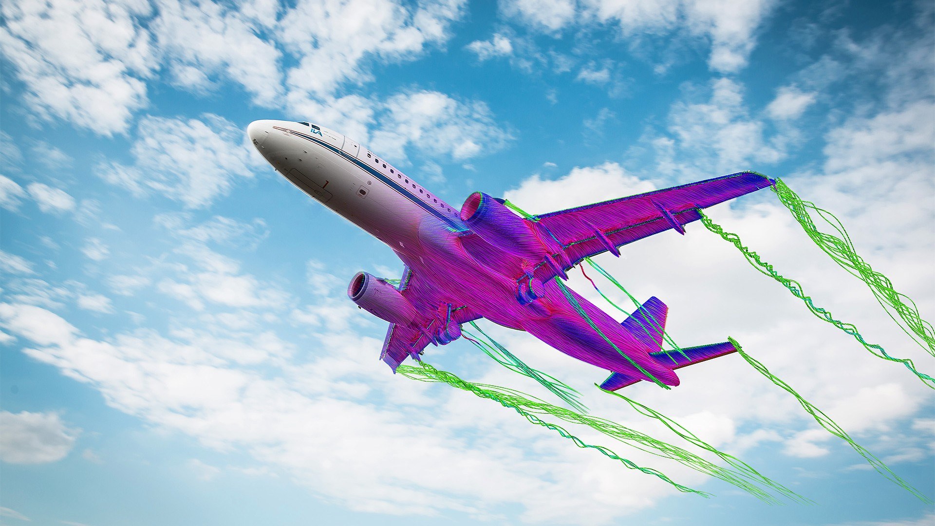 Komposition, wie ein neues Flugzeug durch die Luft gleitet und von ihr umströmt wird
