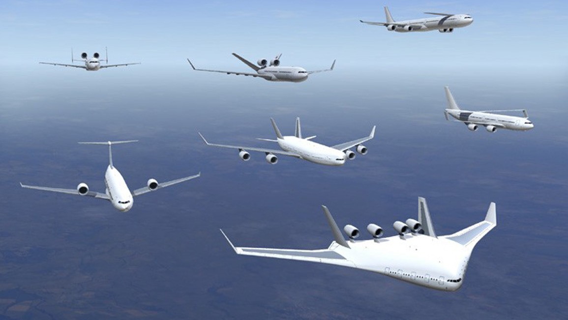 Künstlerische Darstellung von möglichen Flugzeug-Typen der Zukunft.