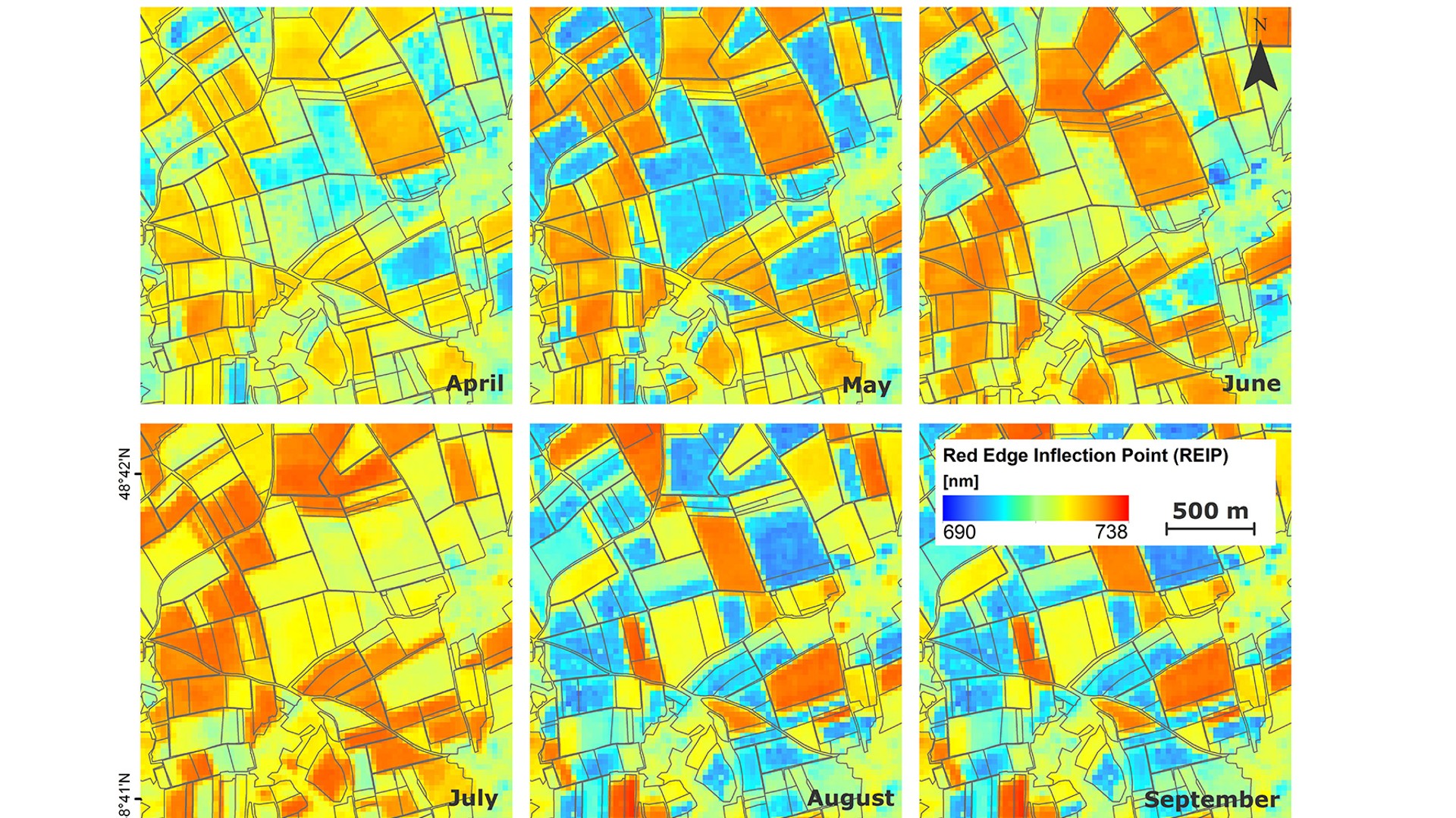 Bilder zeigen, wie sich landwirtschaftliche Felder über mehrere Monate hinweg verändern.