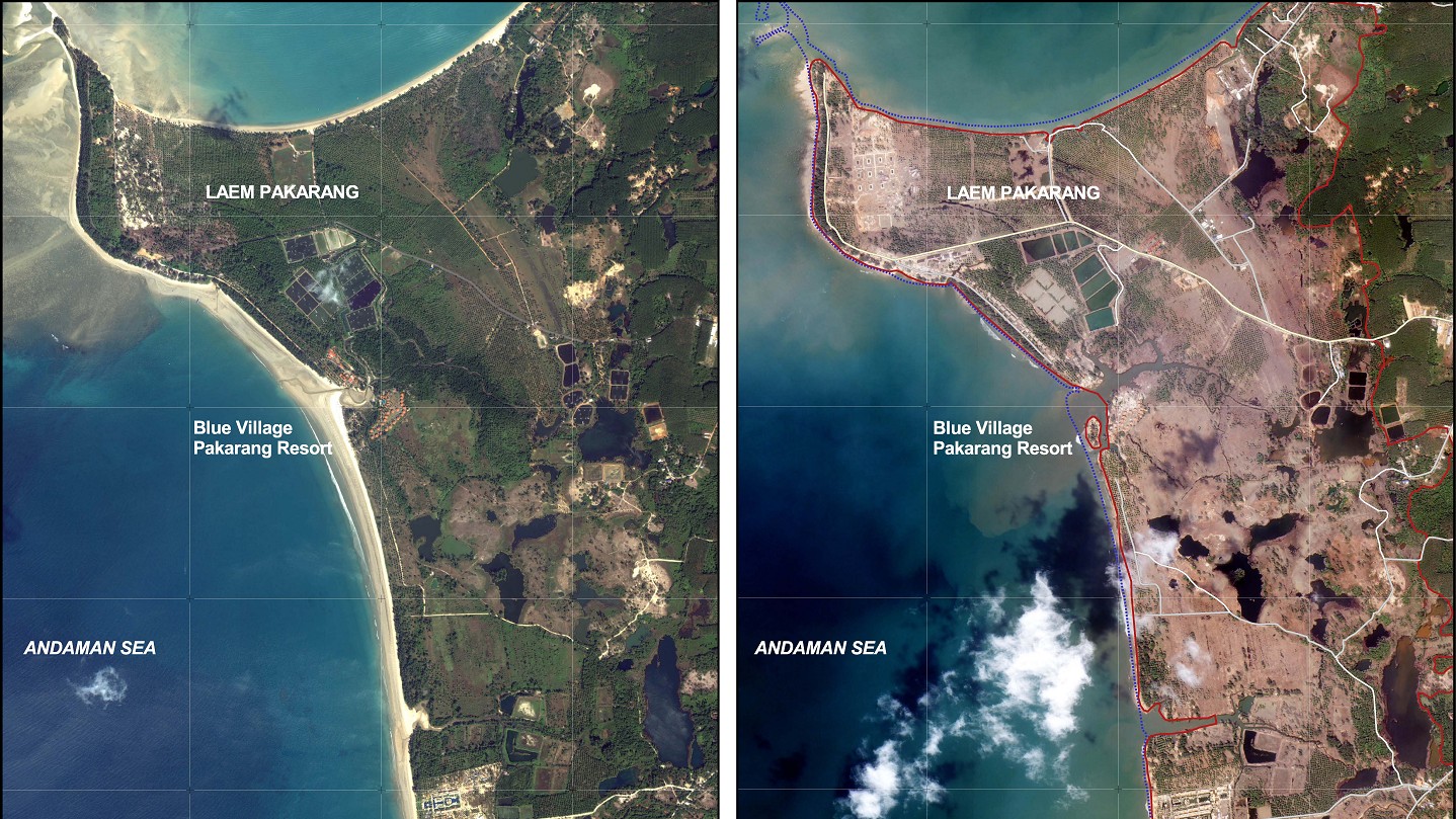 Khao Lak in Thailand vor (links) und nach (rechts) Tsunami