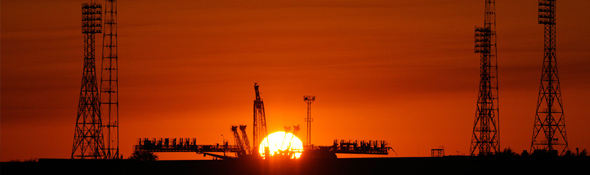 Die Startanlagen in Baikonur bei Sonnenaufgang.