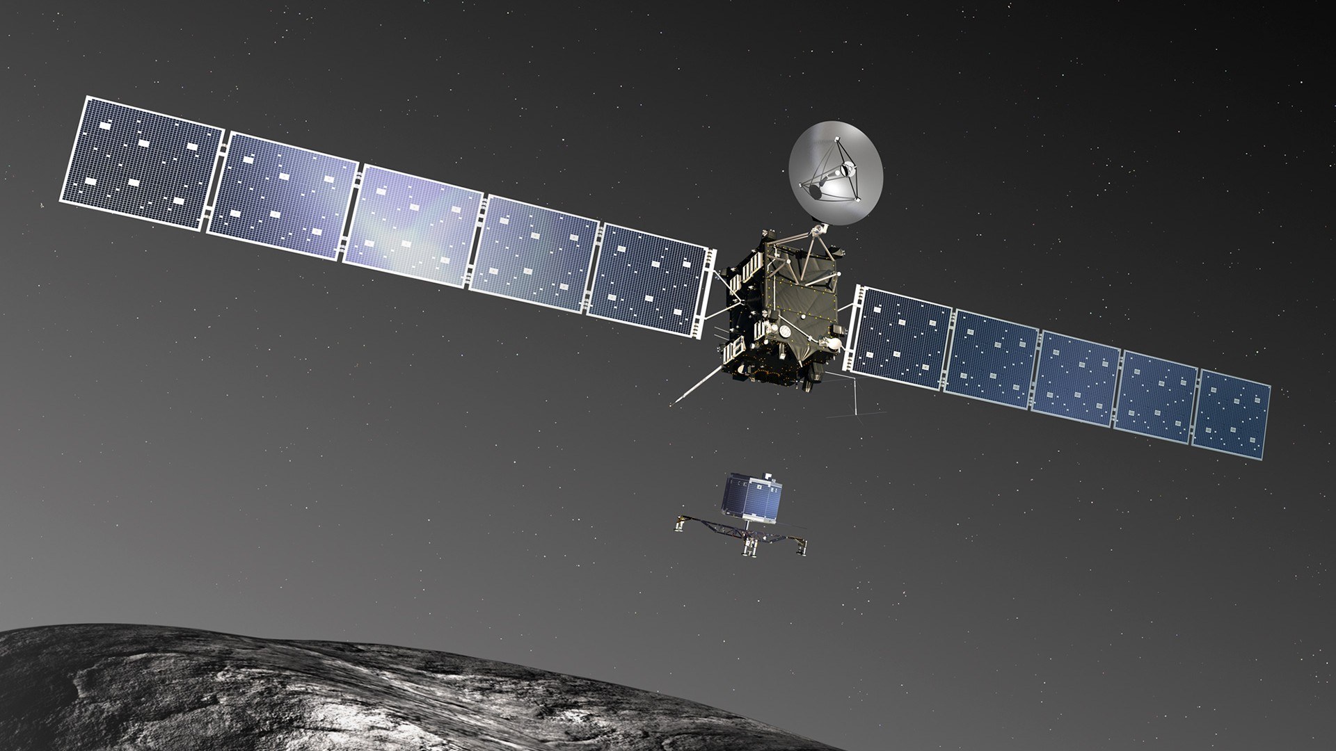 Künstlerischen Darstellung: Rosetta und die kleine Landesonde Philae