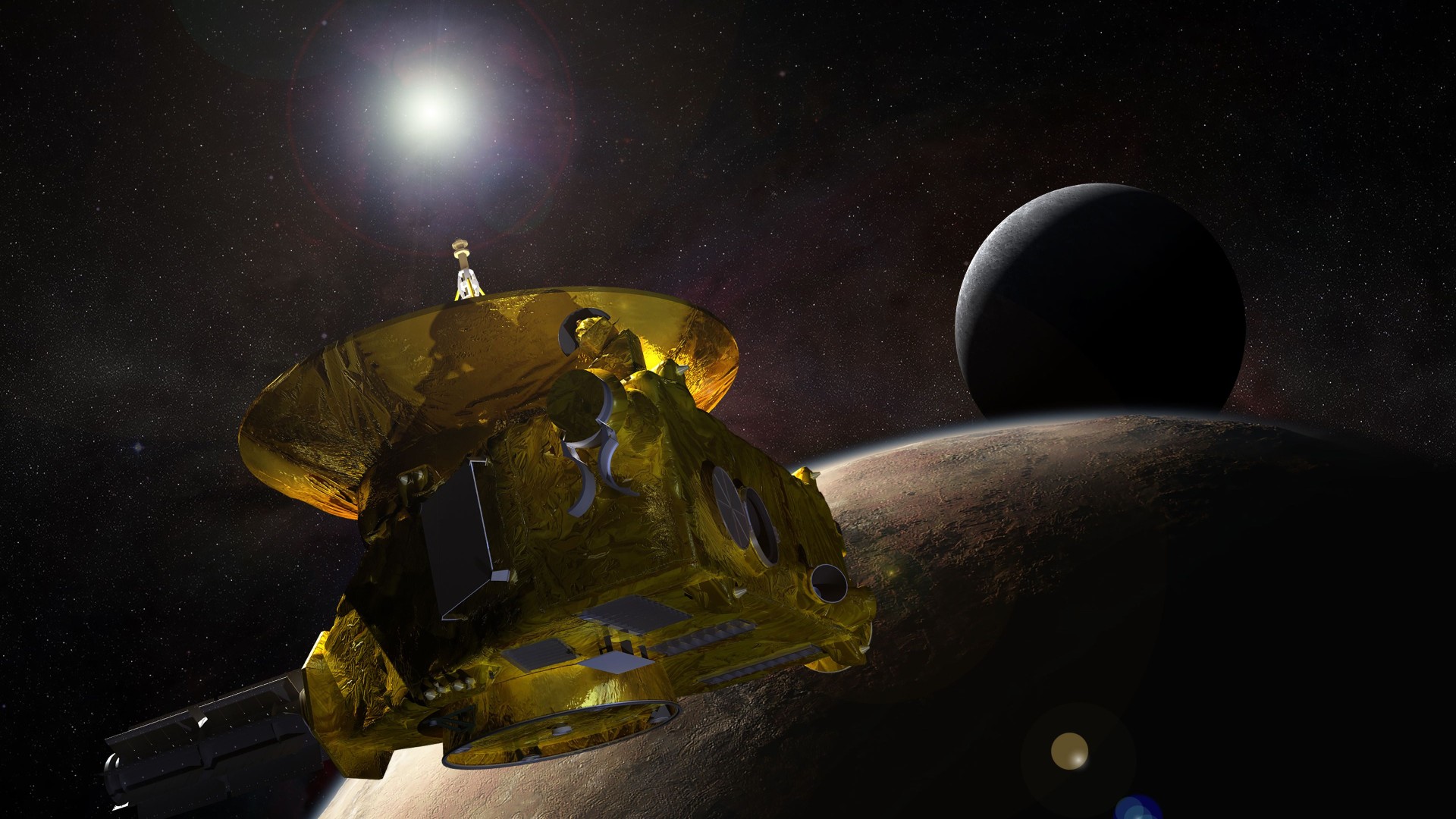 Das Bild zeigt die Seite von Pluto, die permanent dem Mond Charon zugewandt ist und seltsame dunkle Gebiete aufweist.