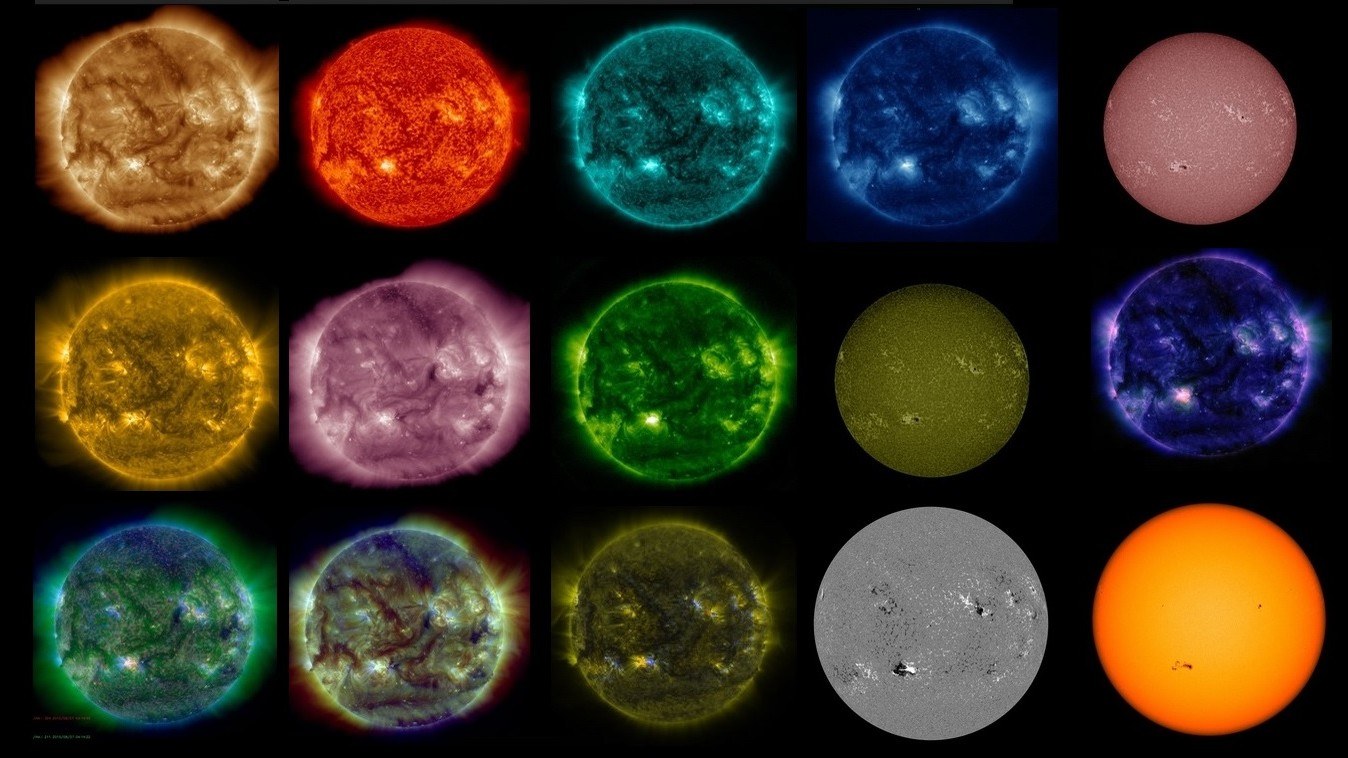 Die Sonne – gesehen vom Satelliten SDO, jedes Bild in anderer Wellenlänge.