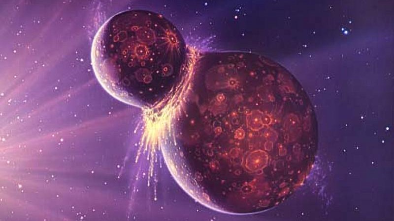 Eine gigantische Kollision führt zur Entstehung des Erdmondes.