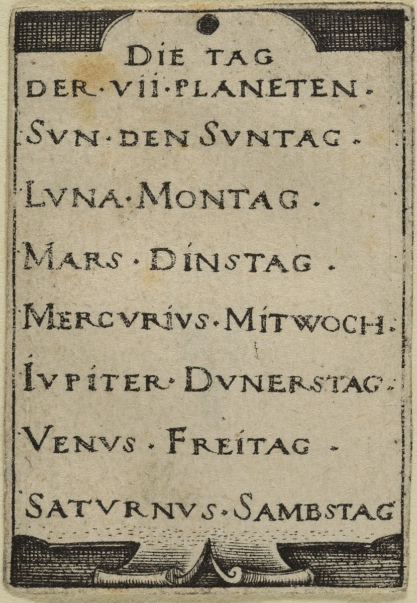 Die Zuordnung der sieben Himmelskörper zu den sieben Wochentagen.