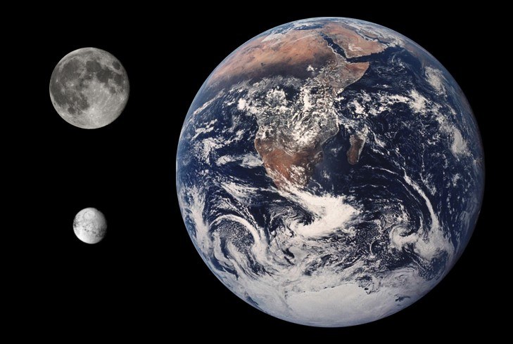Erde, Mond und Ceres im Größenvergleich.