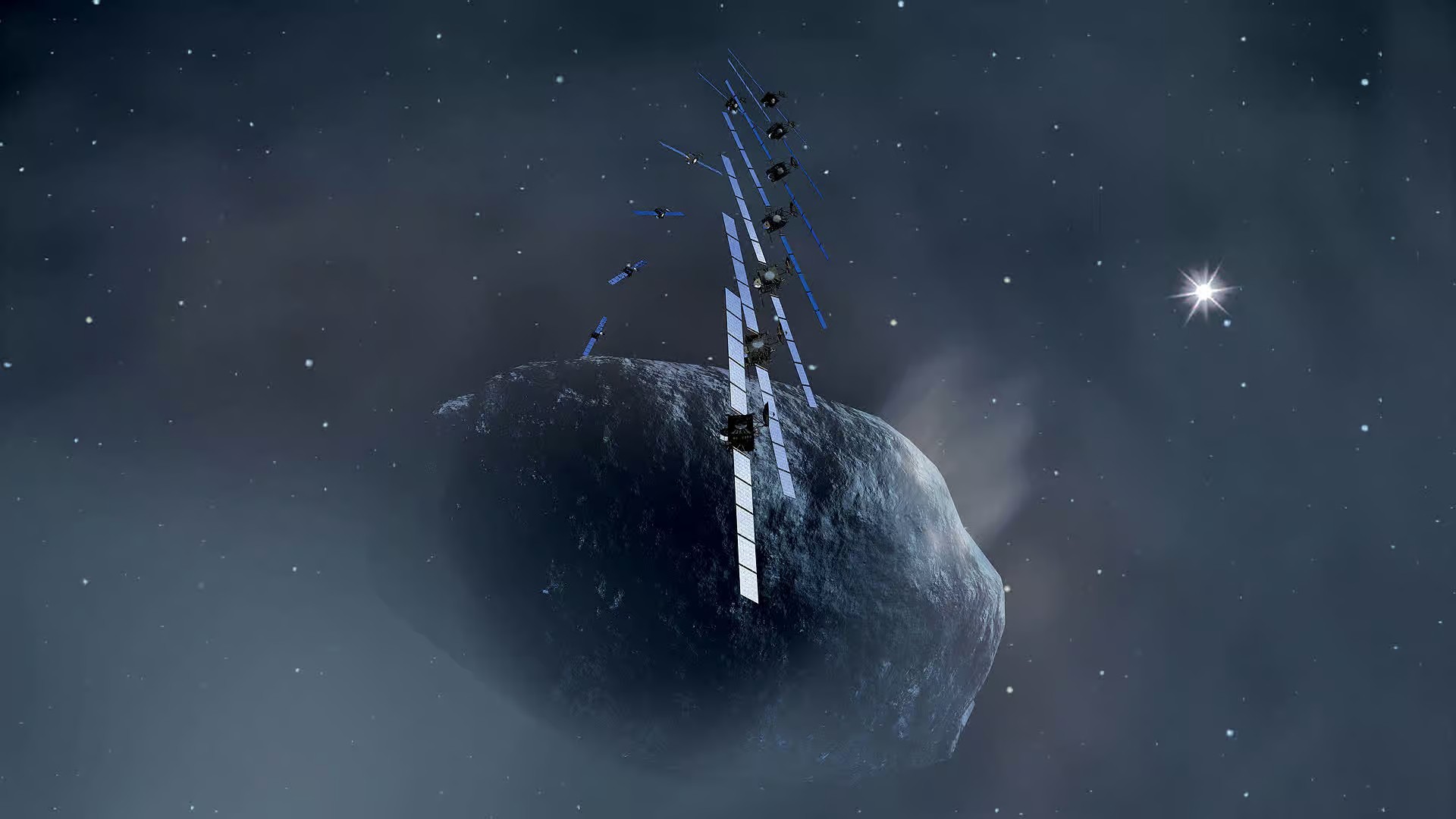 Künstlerische Darstellung der Sonde Rosetta, wie sie den Kometen umkreist.