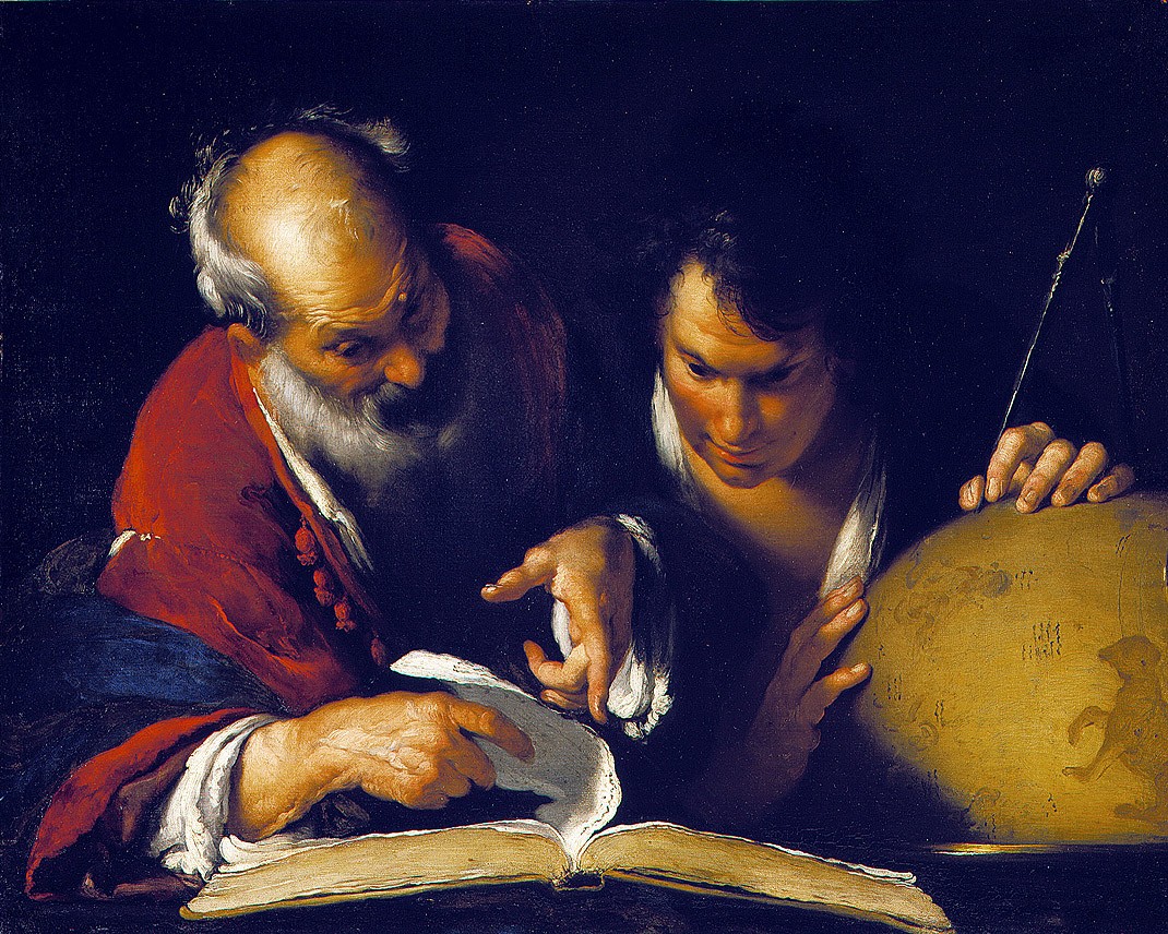 Eratosthenes mit einem Schüler.