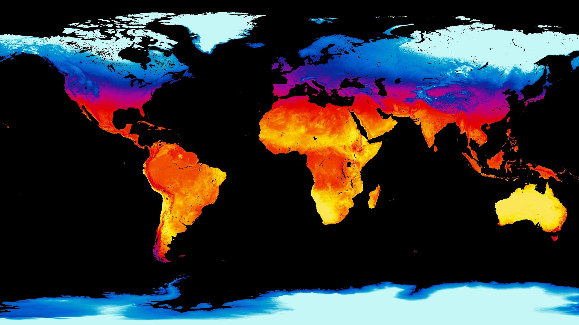 Bildbeispiel aus dem Jahr 2001, wie Satellitendaten zur Oberflächentemperatur der Landmassen in globalen Weltkarten visualisiert werden können.