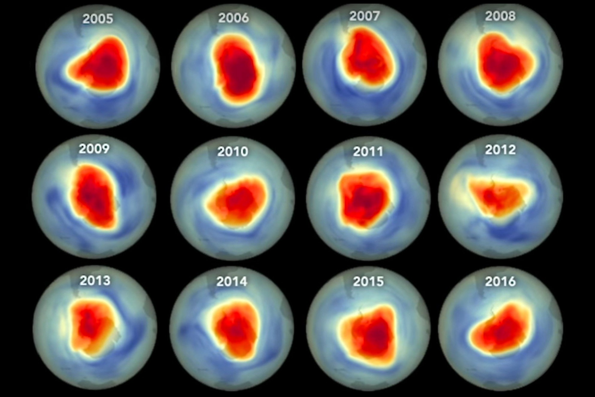 Diese Bilder zeigen, wie groß das Ozonloch über der Antarktis vor einigen Jahren war.