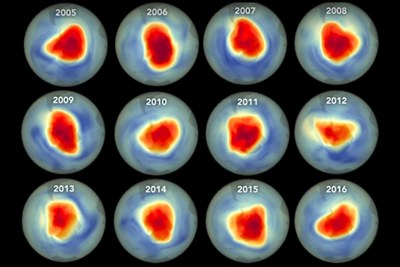 Diese Bilder zeigen, wie groß das Ozonloch über der Antarktis vor einigen Jahren war.