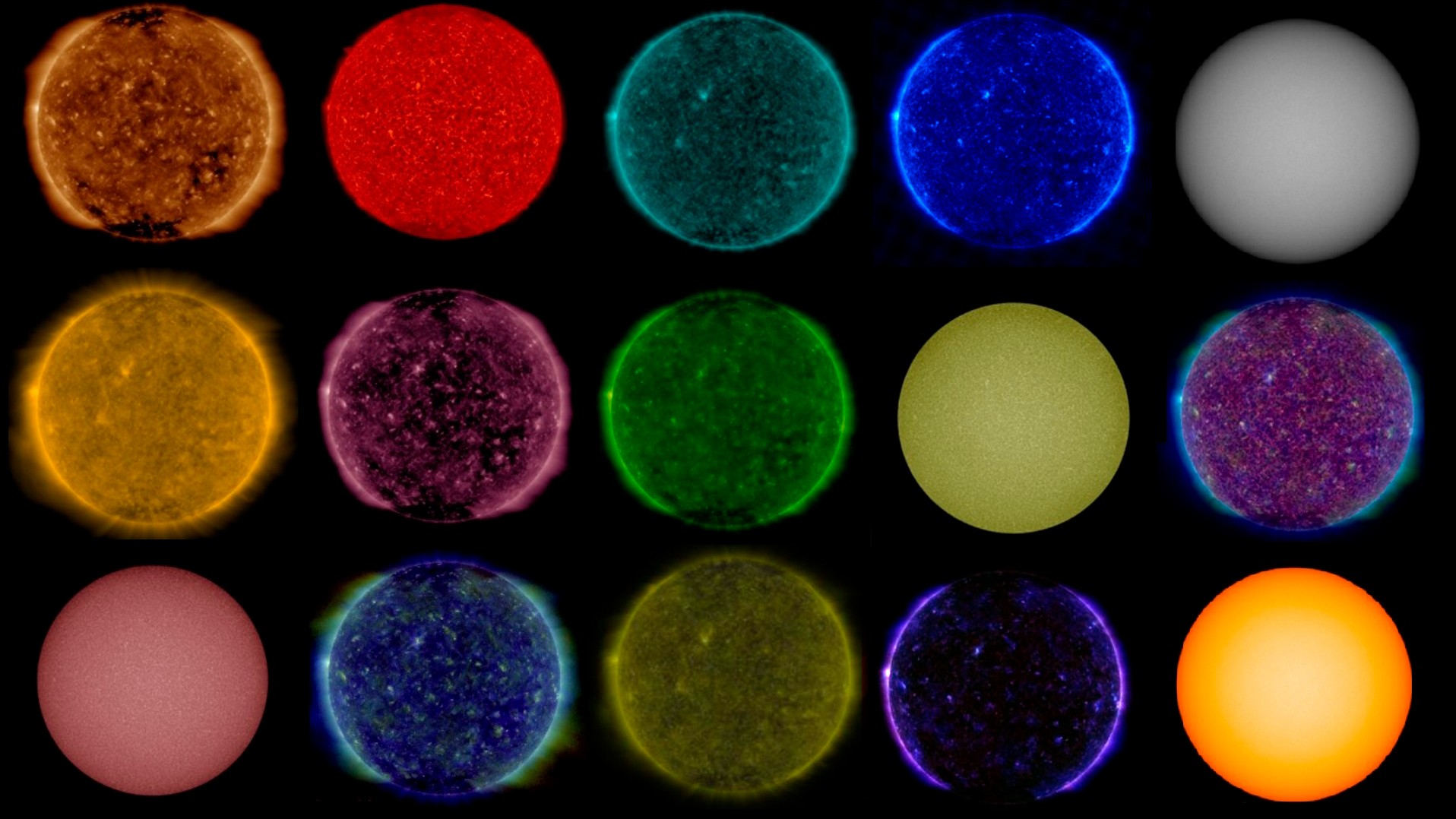 Die Sonne – gesehen vom Satelliten SDO in verschiedenen Wellenlängen.