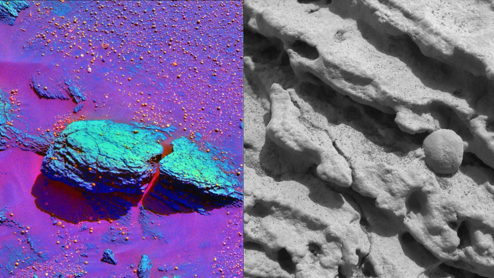 Kollage aus 2 Bildern: Falschfarbenbild und Nahaufnahme der Kügelchen aus Eisenoxid, die der Opportunity-Rover auf der Mars-Oberfläche fand