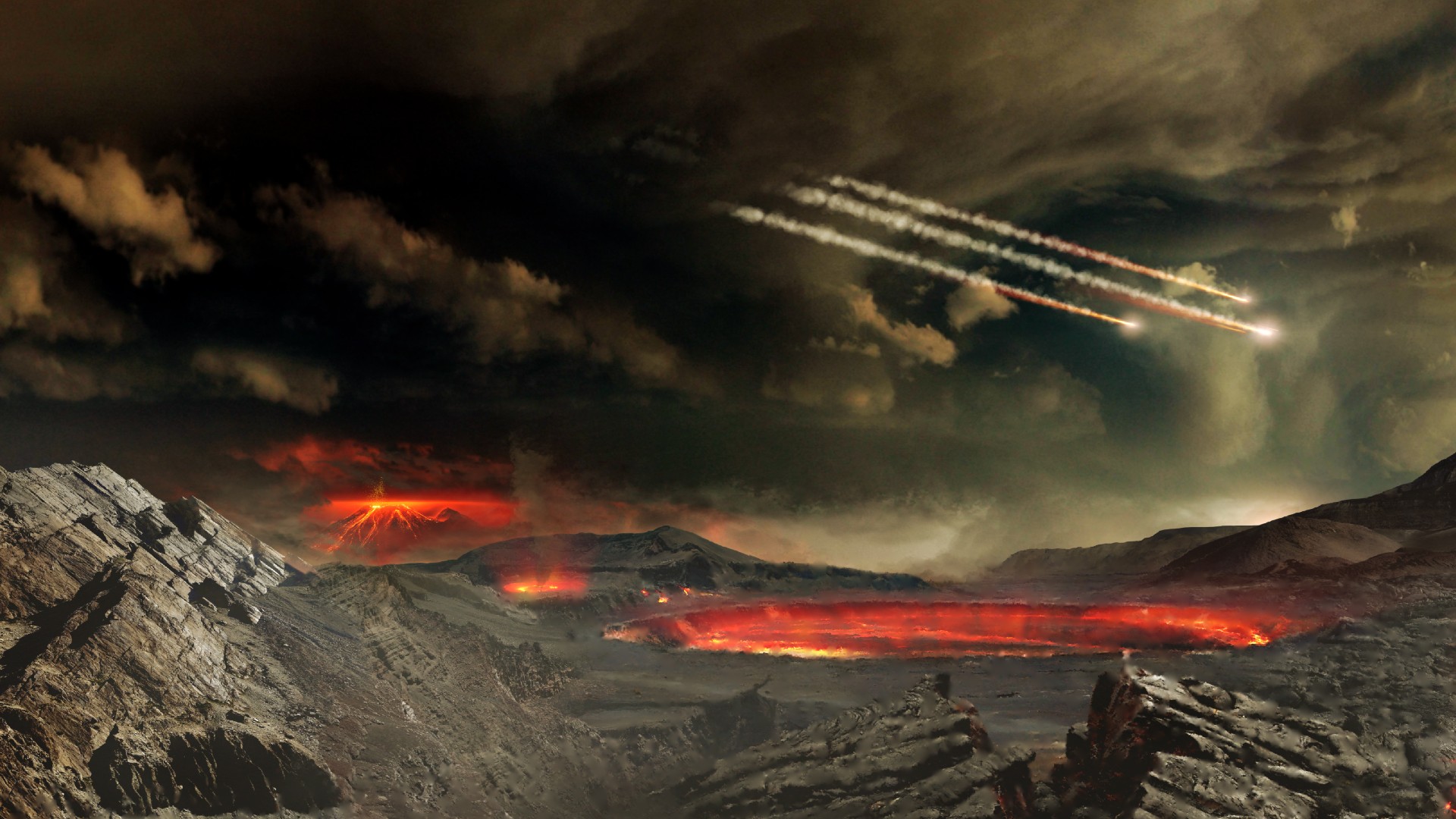 So wie in dieser Illustration kannst du dir die Erde kurz nach ihrer Entstehung vorstellen.