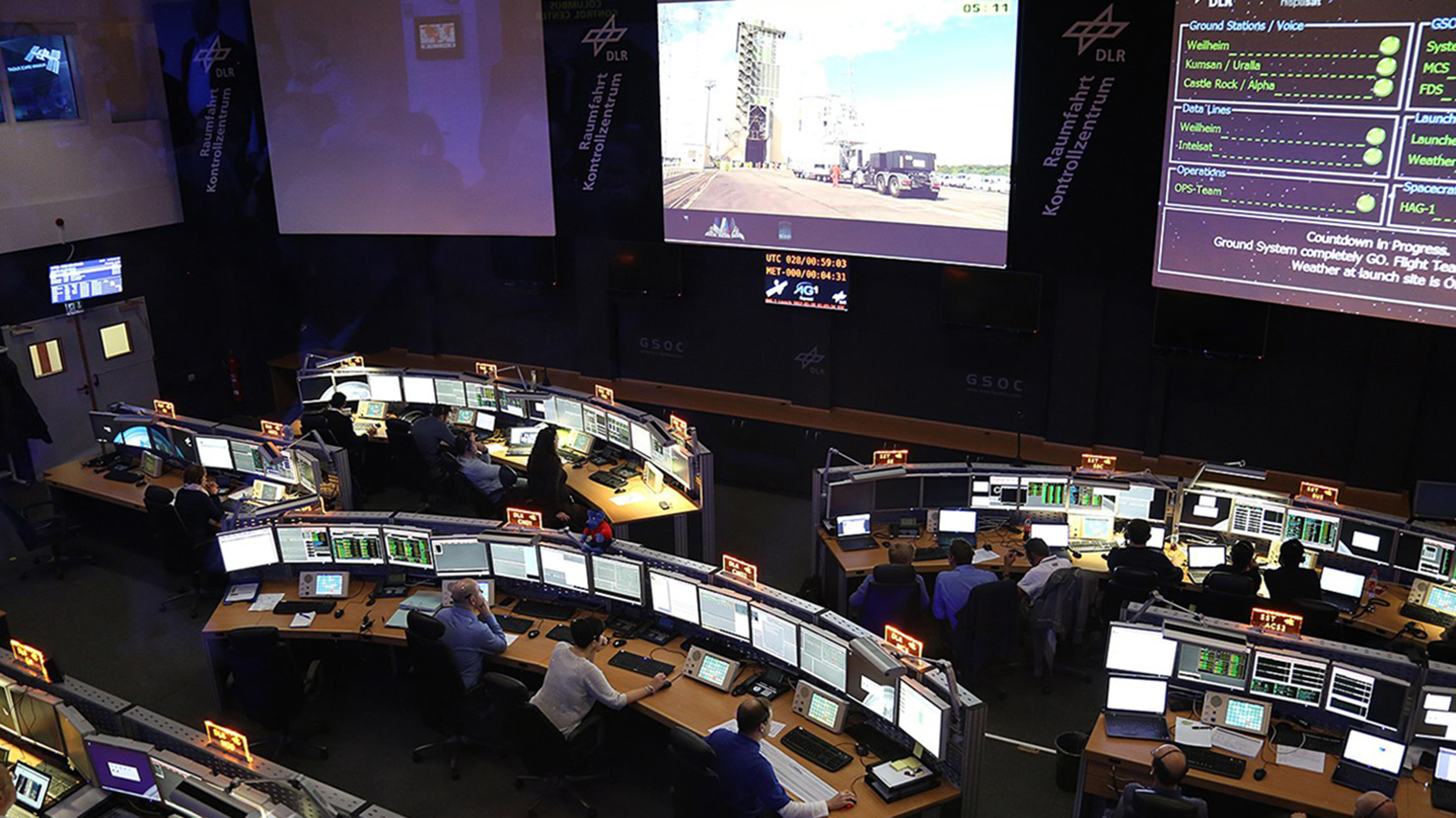 Kontrollraum K1 während des Starts von Hispasat 36W-1, Ansicht von der Besucherbrücke