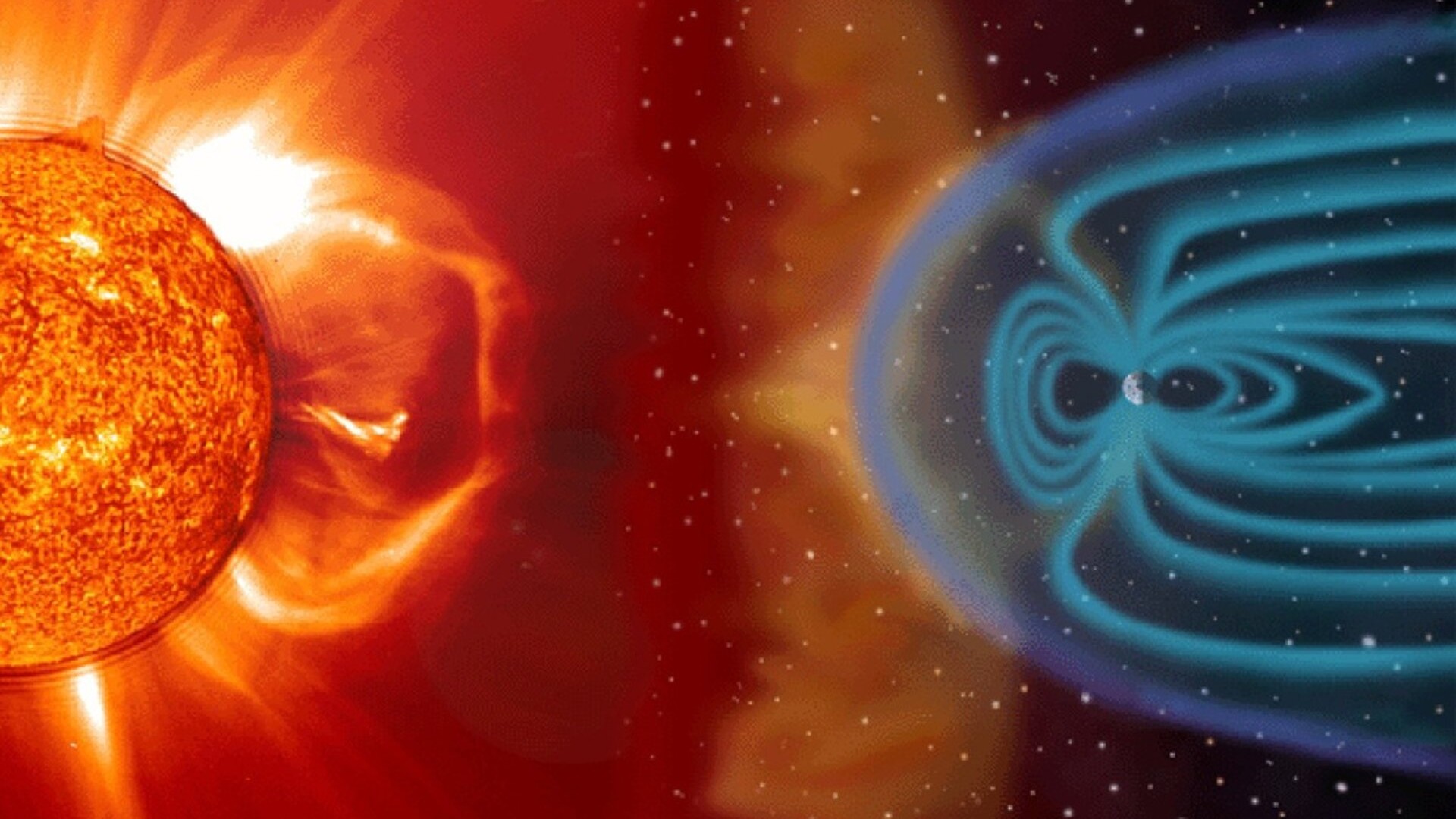 Ein Sonnenwind trifft auf das Magnetfeld der Erde
