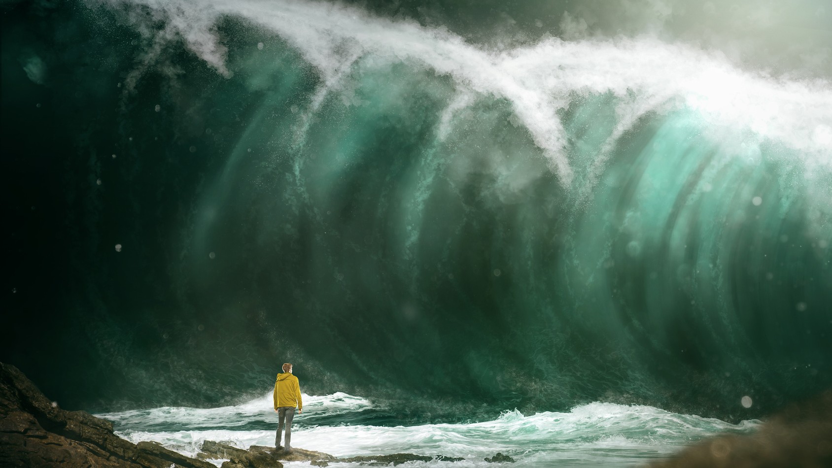 Computer-Bild von Tsunamiwelle über Mensch