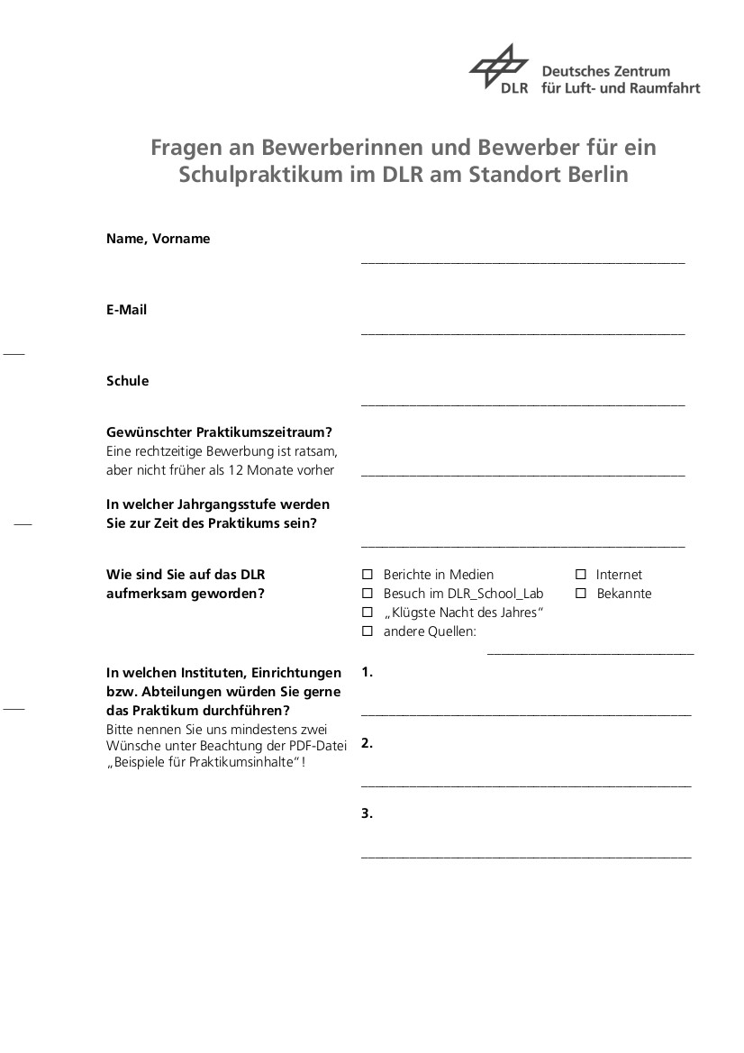 Bewerberfragebogen für Schülerpraktikum Berlin