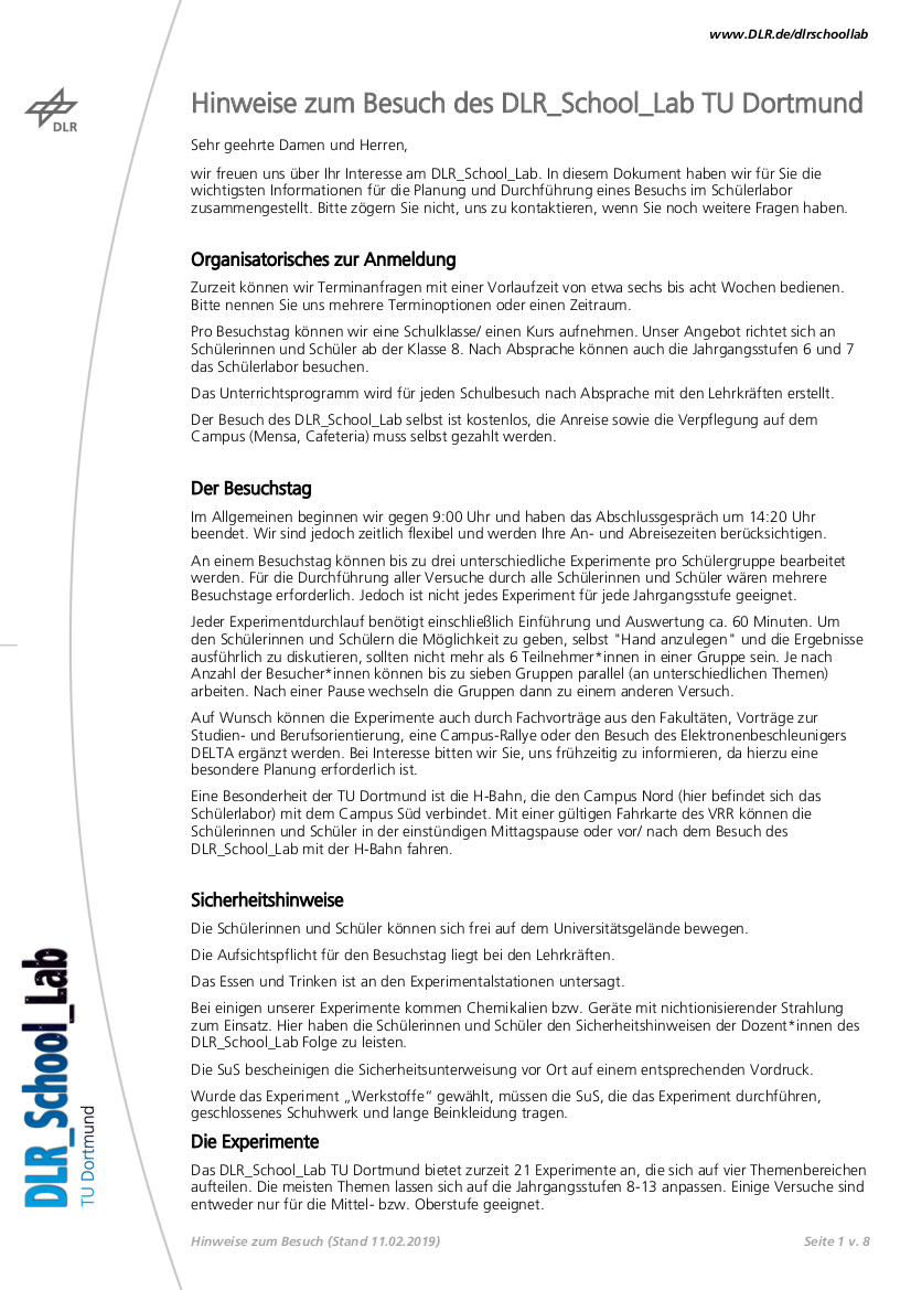 Hinweise zum Besuch am DLR_School_Lab TU Dortmund