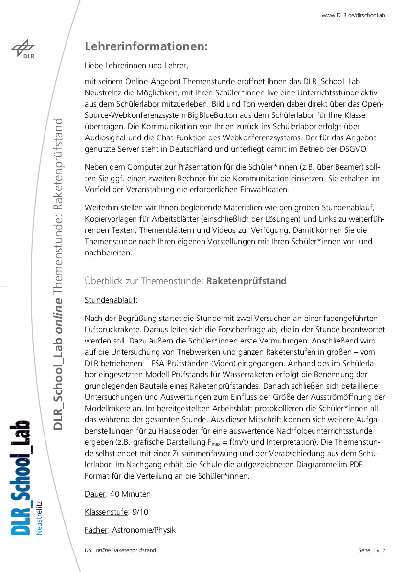 Überblick zur Themenstunde: Raketenprüfstand