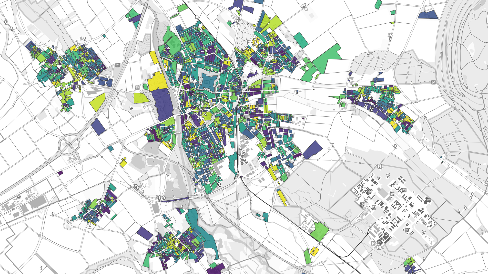 Ein Ausschnitt des Stadtgebiets Jülich, mit zufällig eingefärbten Urban Energy Units (UEUs).