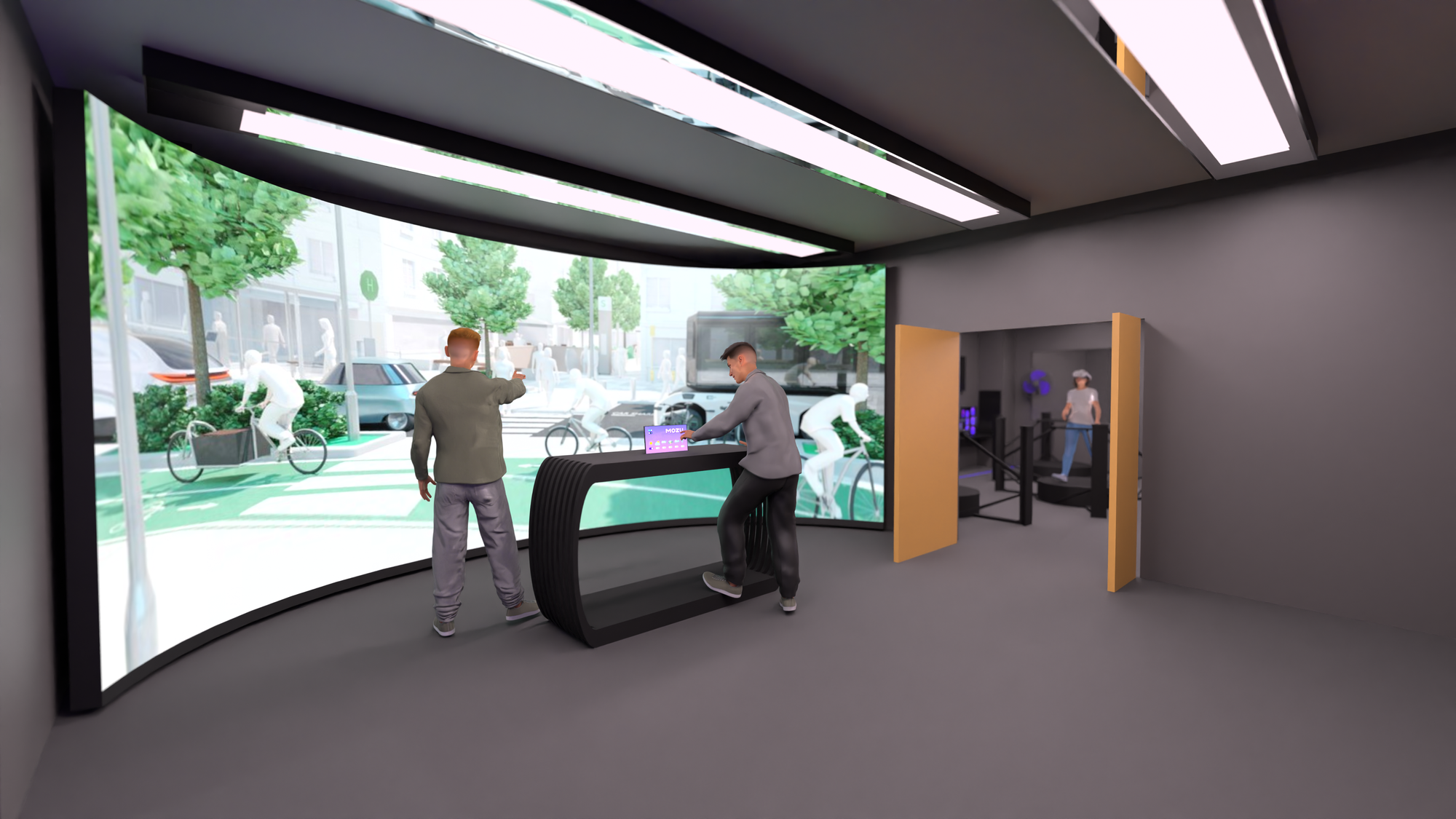 Eine 3D Darstellung von einem Raum mit einer Videowall. Vor ihr stehen zwei Personen an einem Stehtisch.