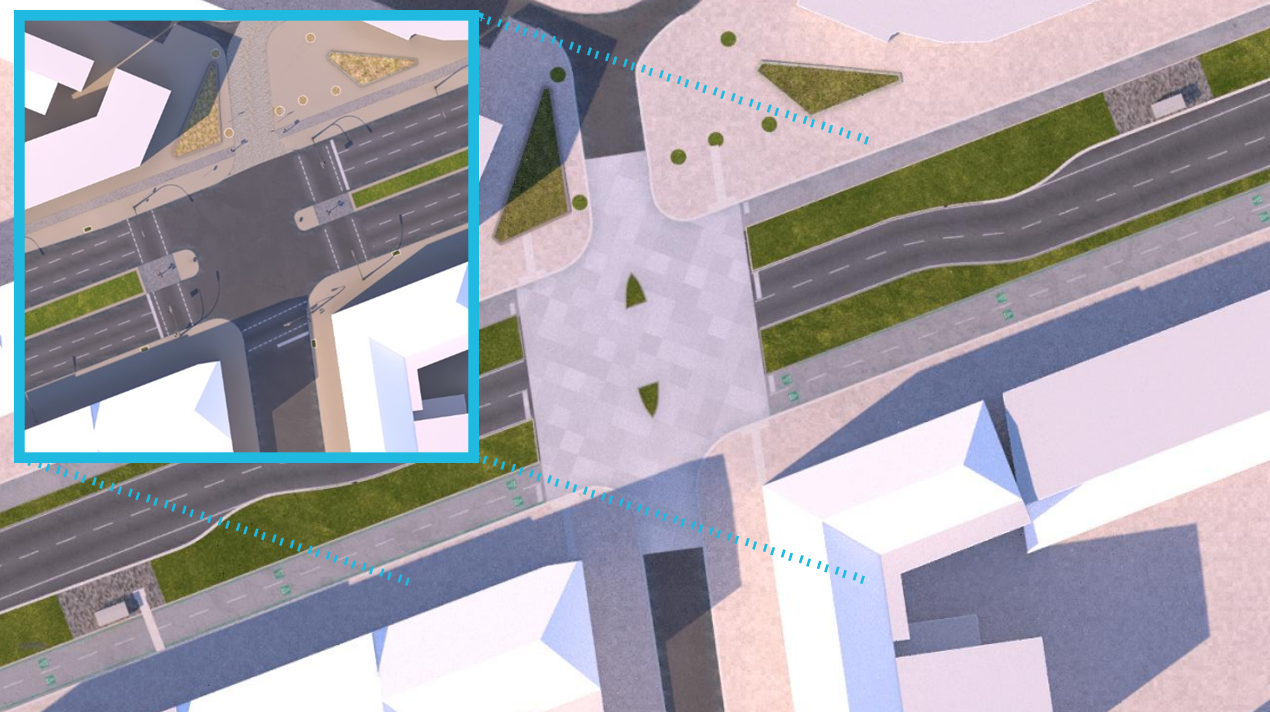 Ein Straßenzug ist anders gestaltet. Die alte Gestaltung hat mehr versiegelte Betonflächen und mehrere Autospuren. in der neuen Ansicht ist nur noch eine Autospur und mehrere Grünflächen zu erkennen.