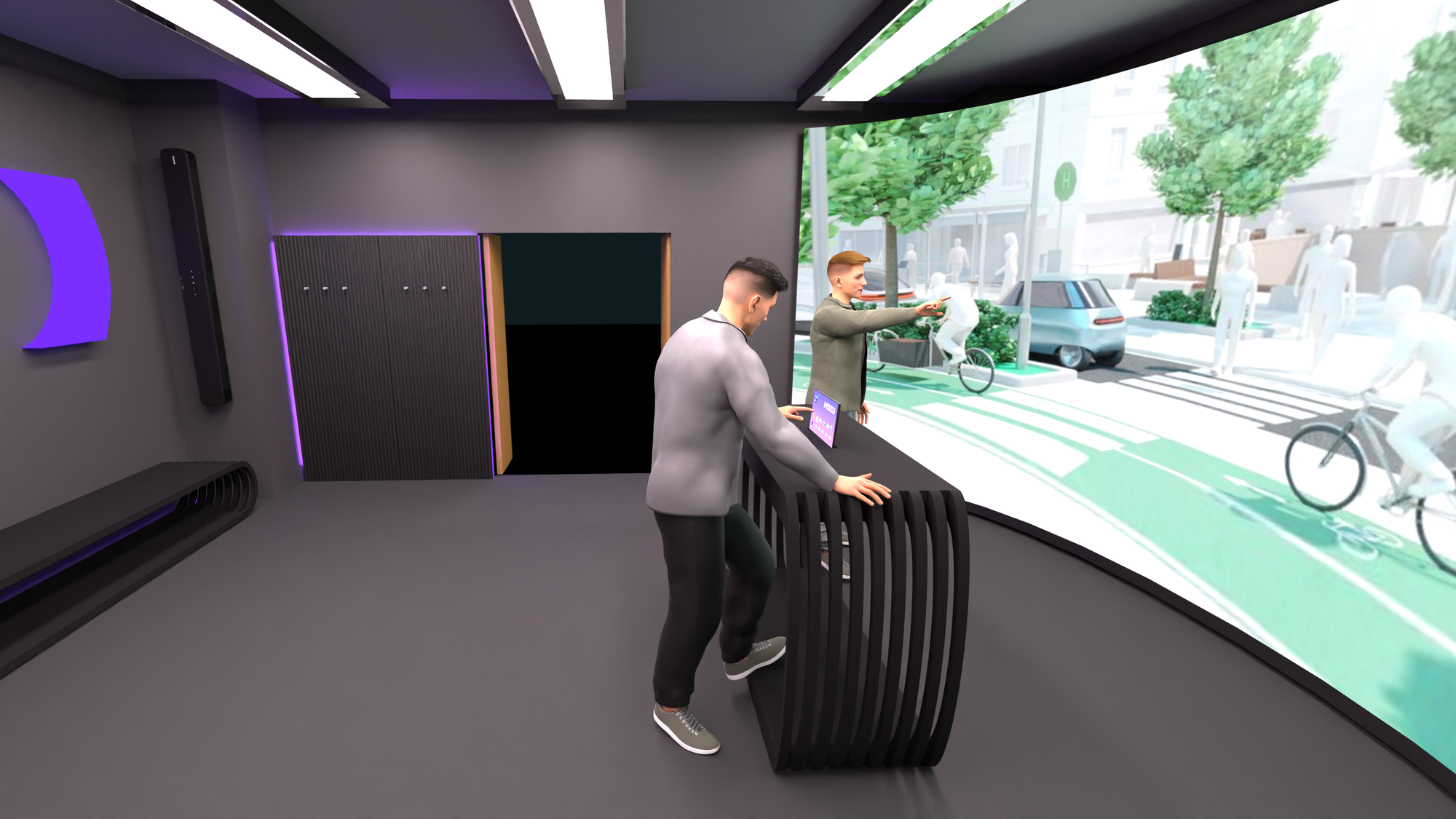 2 Personen stehen an einem Tisch vor einer Videowall.