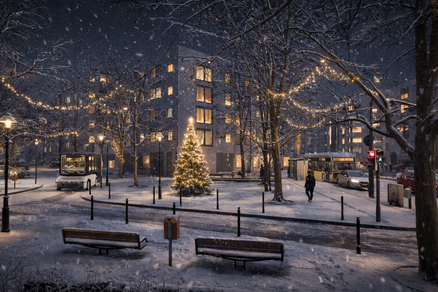 Straßenkreuzung mit Schnee und beleuchtetem Tannenbaum auf einem Platz.