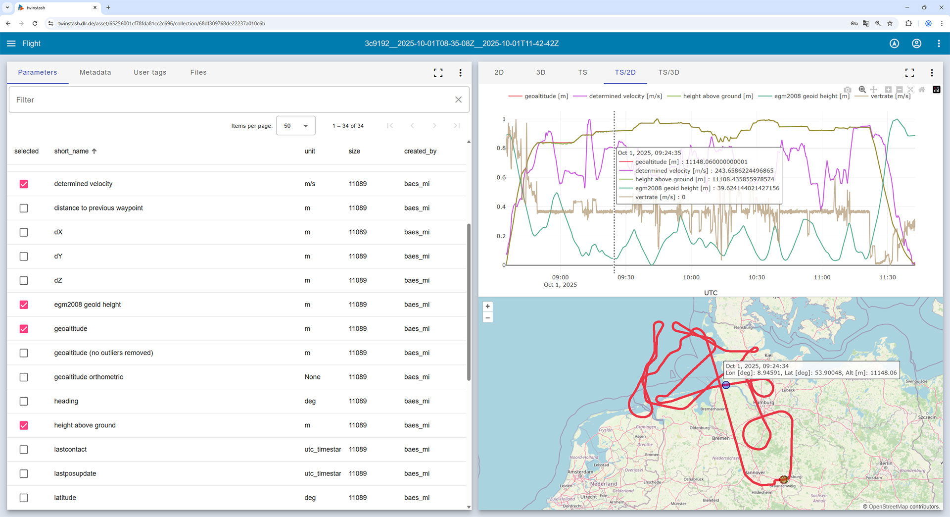 Screenshot des twinstash Web-GUI mit Übersicht der Parameter eines Fluges samt Karten- und Zeitreihendarstellung.