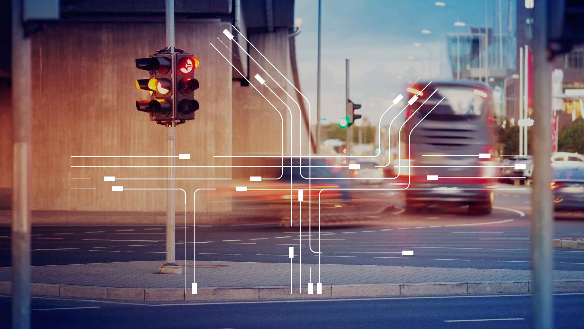 Straße mit Ampel und Autos sowie einem Lastwagen